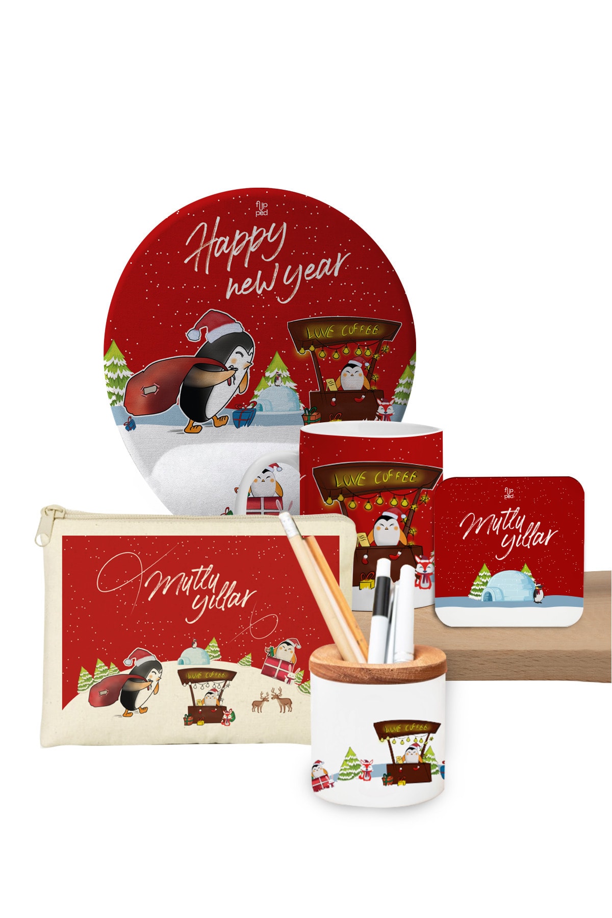 Flipped Yılbaşı Penguen Kırmızı Kupa, Mousepad, Altlık, Cüzdan Ve Kalemlik Seti