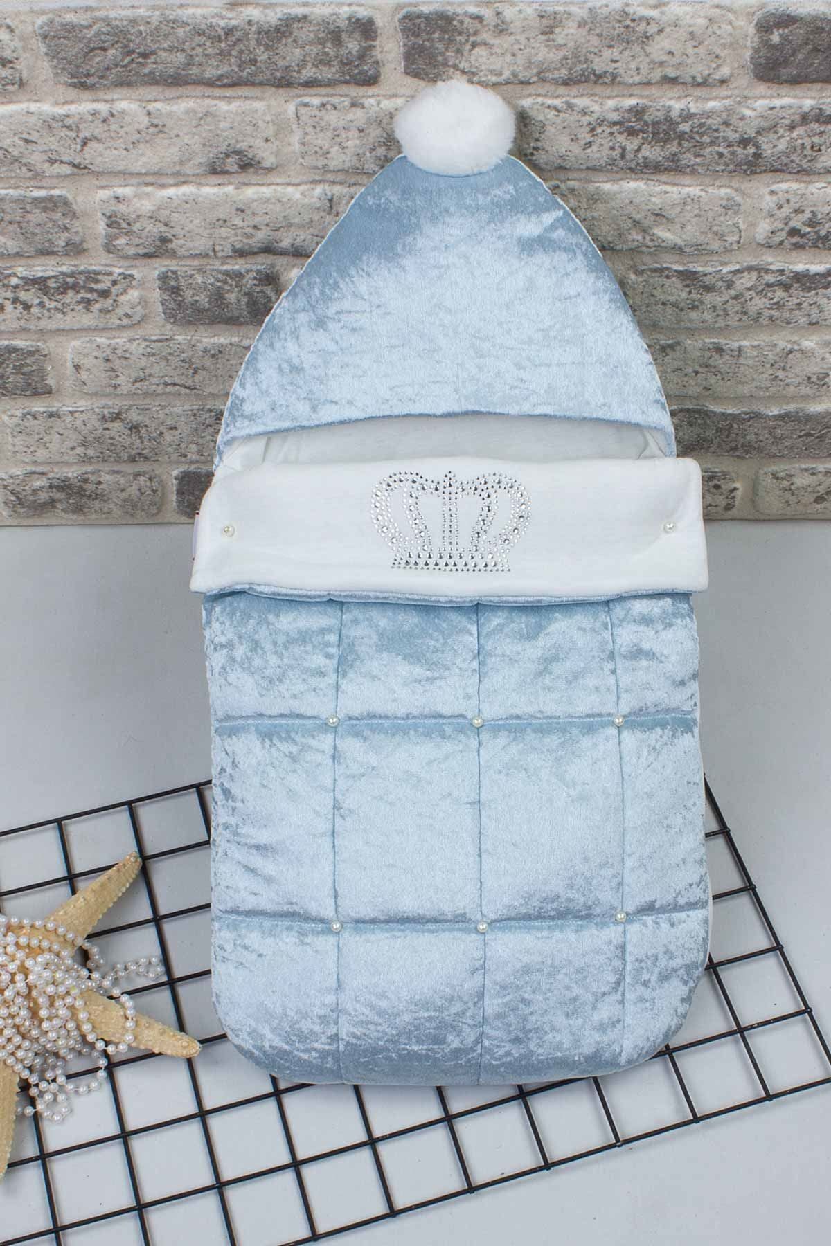 Modakids Mavi Kadife Kapitone Kral Taçlı Bebek Kundak