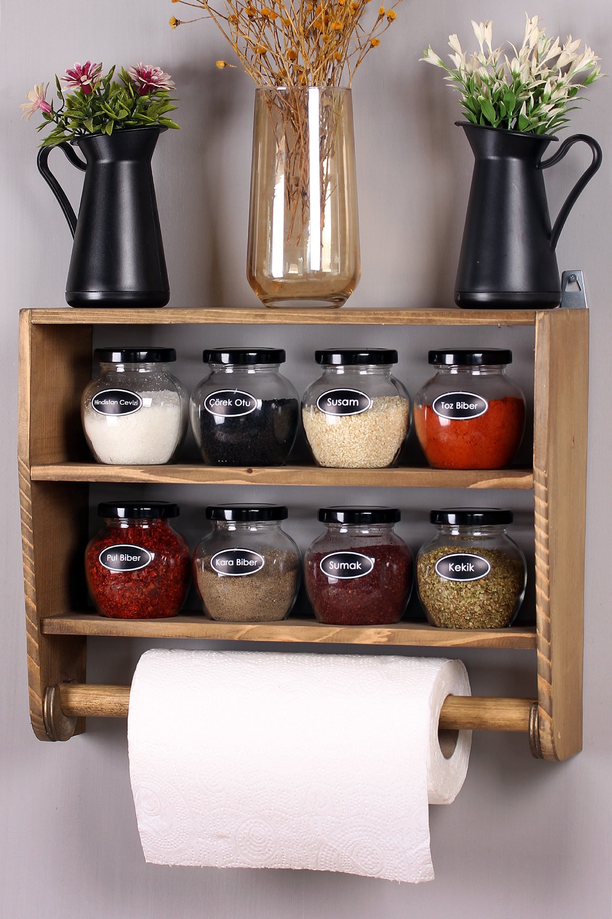 TROYA Ahşap Standlı 8 Li Baharatlık Seti - Ceviz