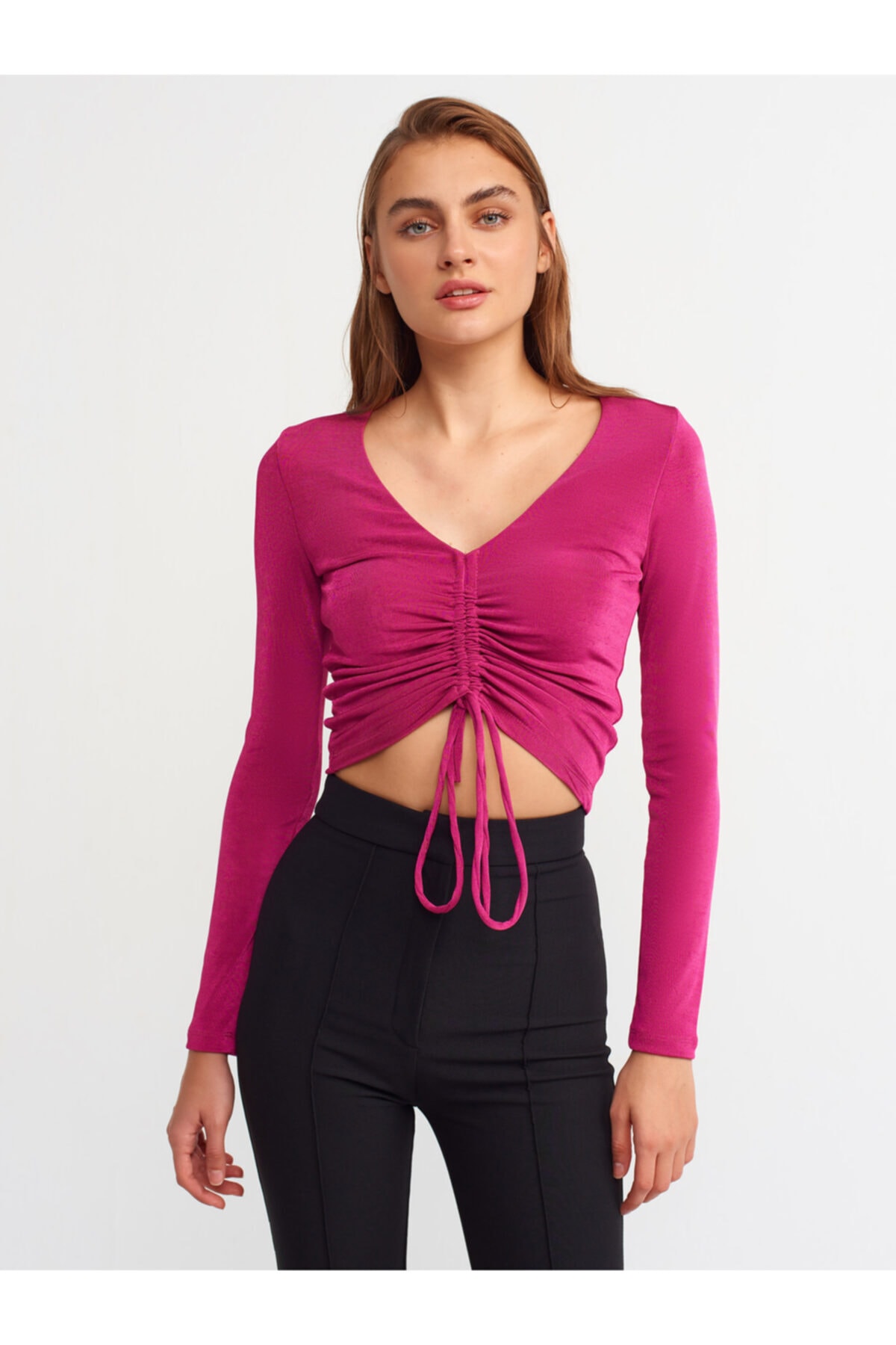 Dilvin 3795 Büzgülü Top-magenta