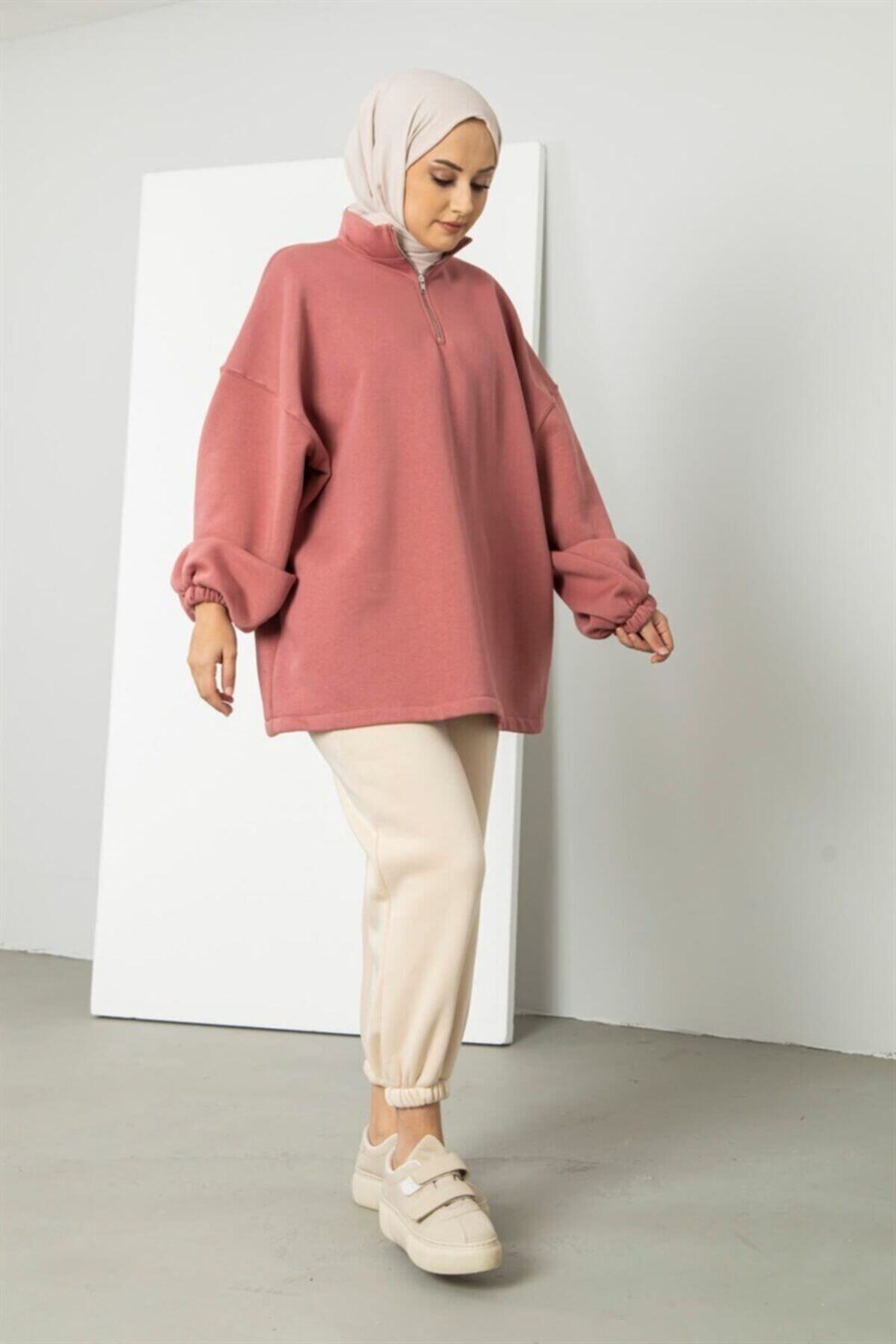 EMELL TURGAY Oversize Fermuar Detaylı Pembe Sweat