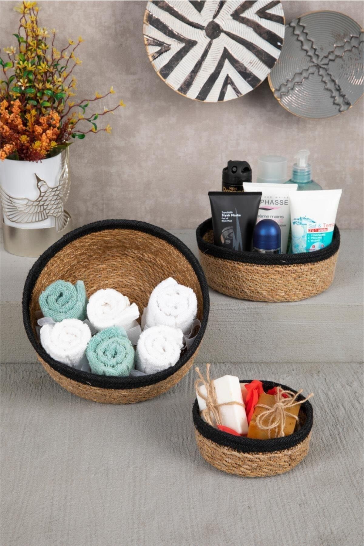HOMENIVA Naturel Hasır Sepet Organizer, Banyo Organizer, Siyah Şeritli 3 Boy