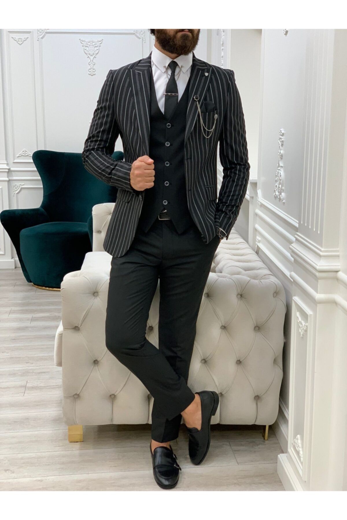 PAREZ Slim Fit Çizgili Takım Elbise