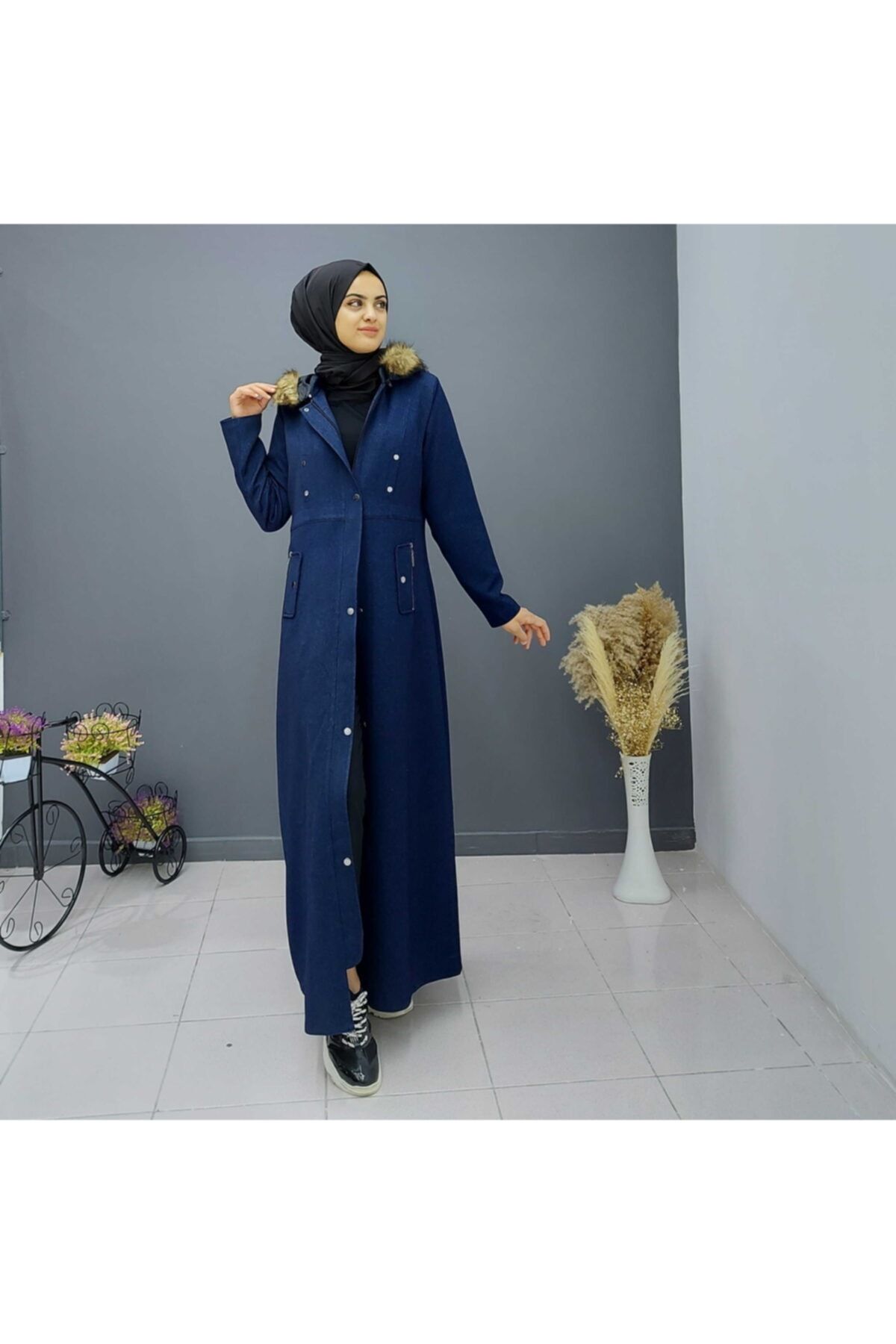 FAHRETTİN MODA 5190 Lacivert Kürklü Kapüşon Kışlık Ferace Mont