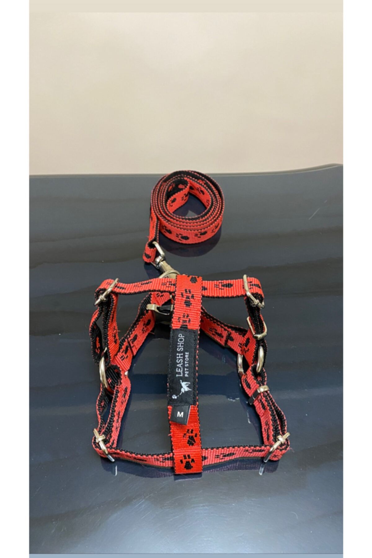 Leash Shop Küçük Irk Kedi-köpek Göğüs Bel Tasma Takımı Kırmızı-siyah M Beden (30-45 CM)