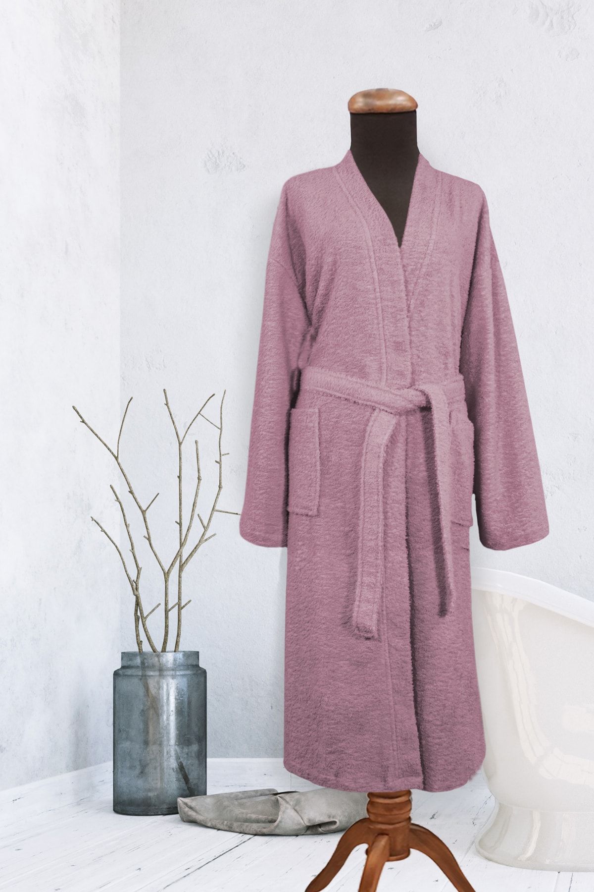 Ephemeris Pamuk Kimono Yaka Unisex S/m Bornoz - Kimon Gül Kurusu