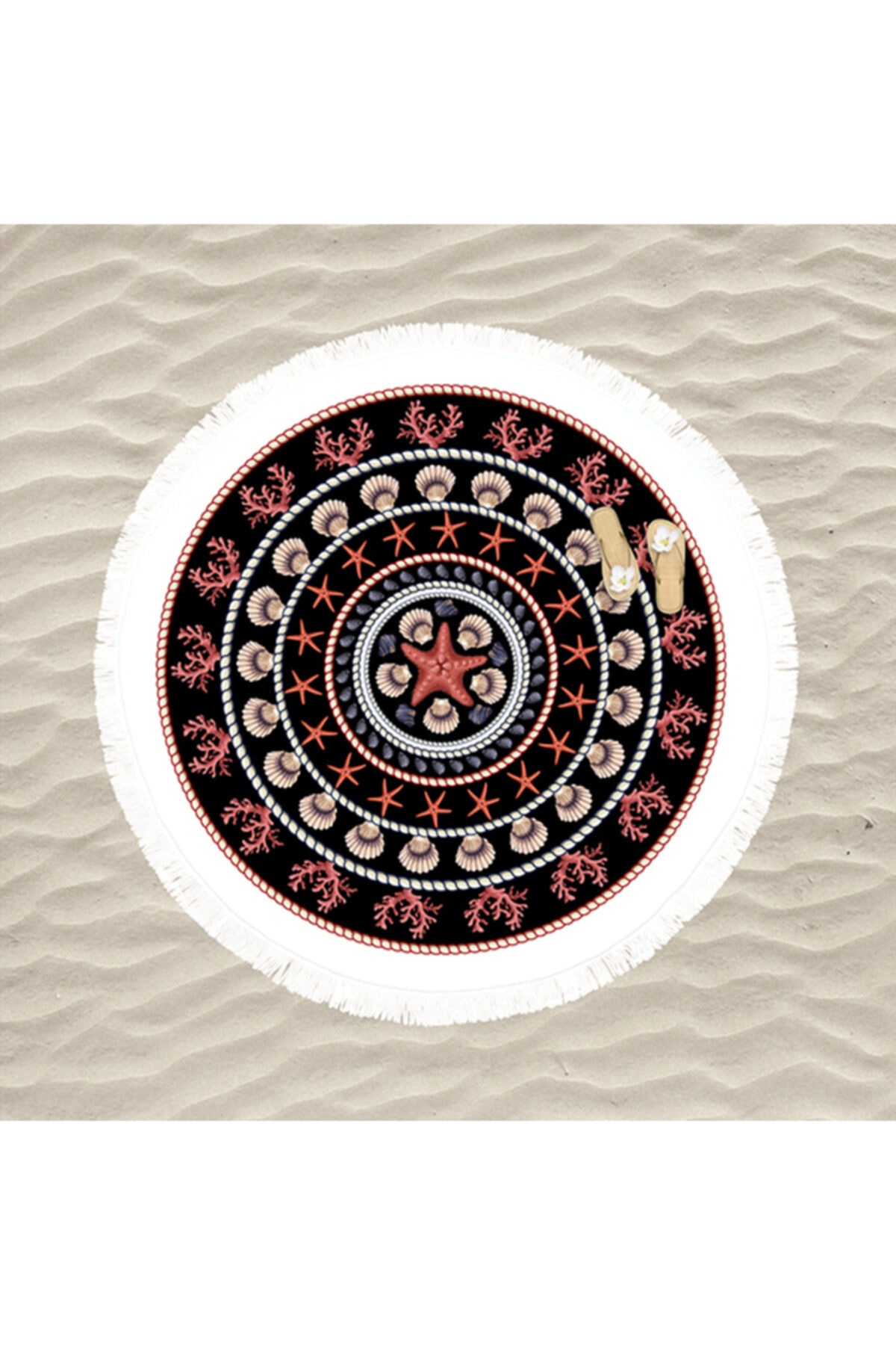 decoars Etnik Figürlü Özel Tasarım Püsküllü Yuvarlak Plaj Havlusu