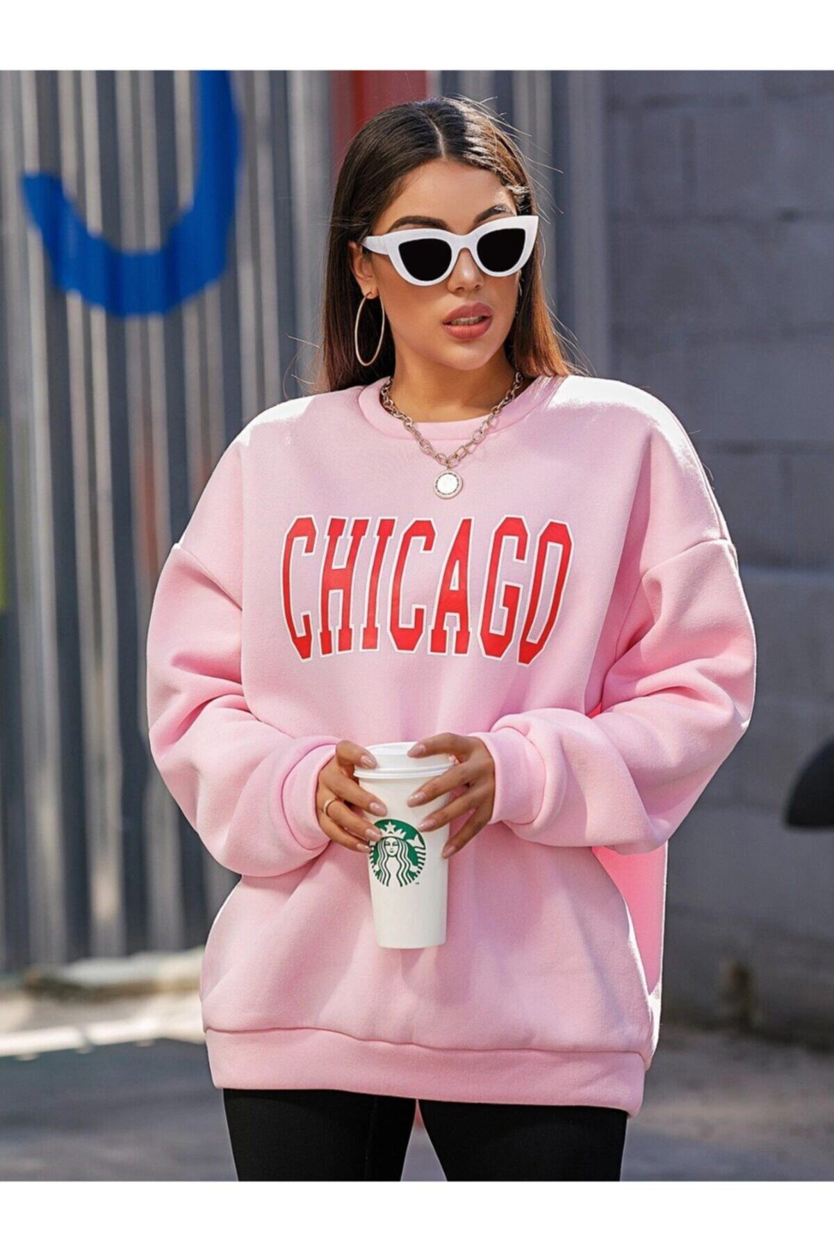 Trendseninle Kadın Pudra Pembe Oversıze Chıcago Baskılı Sweatshırt