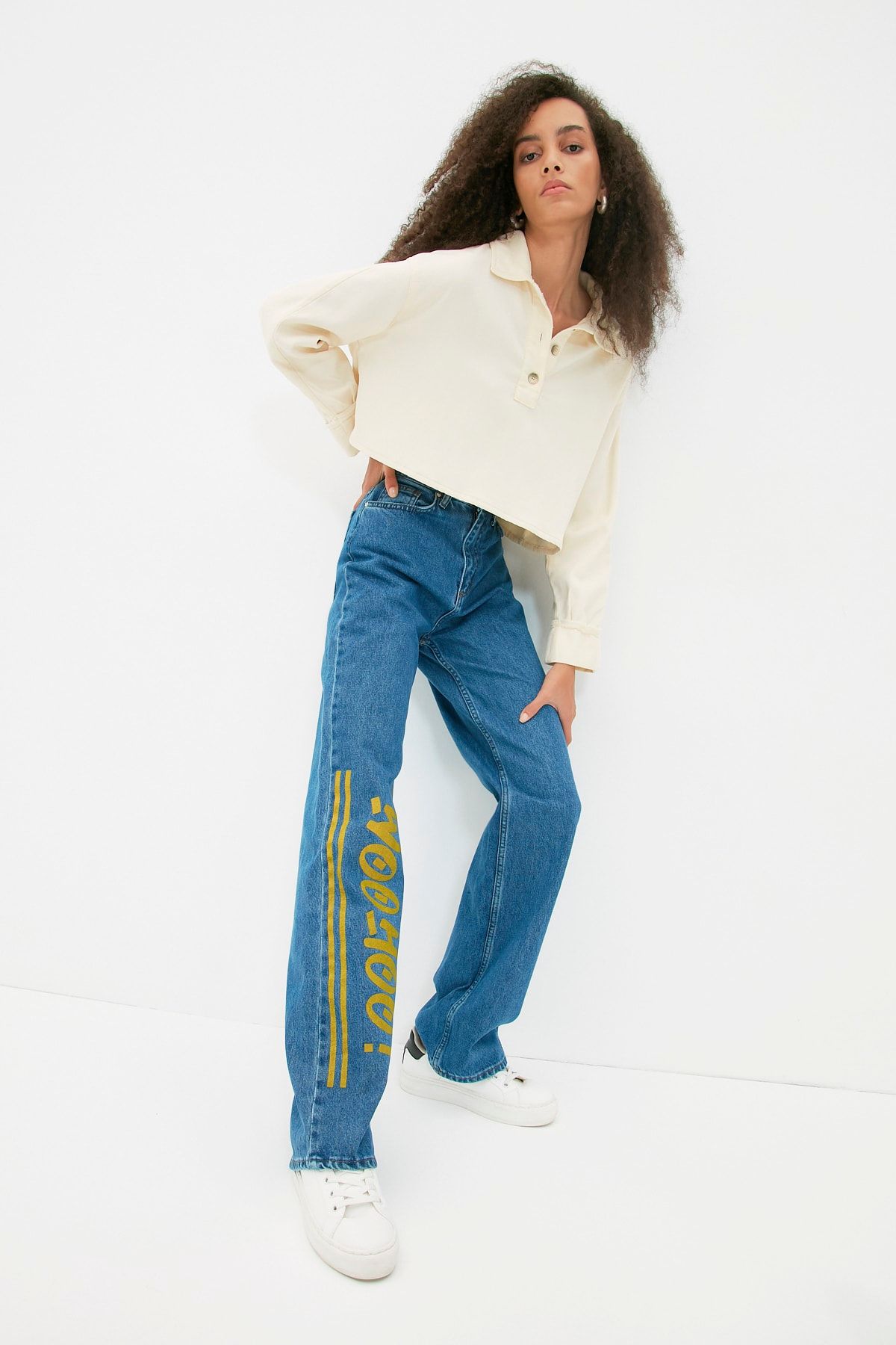 TRENDYOLMİLLA Mavi Baskılı Yüksek Bel 90's Wide Leg  Jeans TWOAW22JE1374