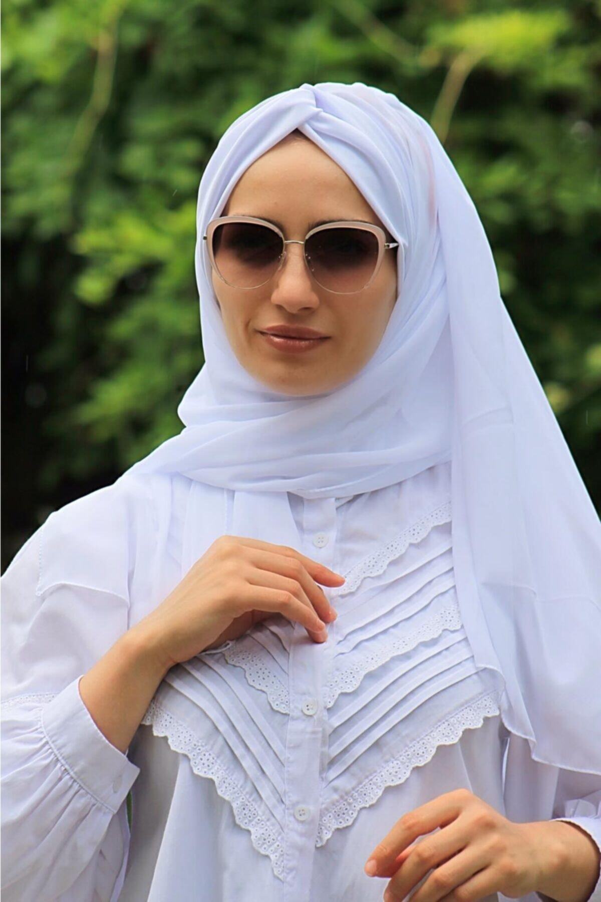 MİRAY Hazır Düğüm Şal Beyaz - Özel Tasarım- Yeni Model Tesettür Giyim