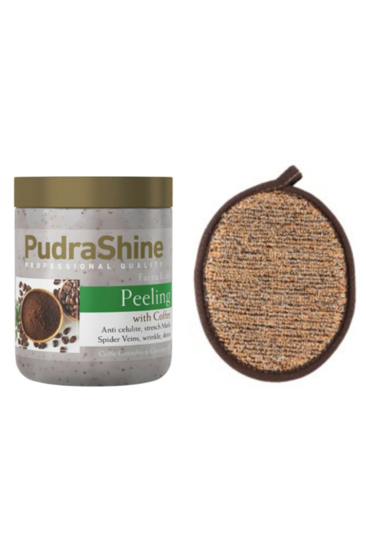 PudraShine Pudra Shine Kahveli Yüz Ve Vücut Peelingi 500 Ml. Ve Ozzy Store At Kılı Bnayo Ve Masaj Lifi