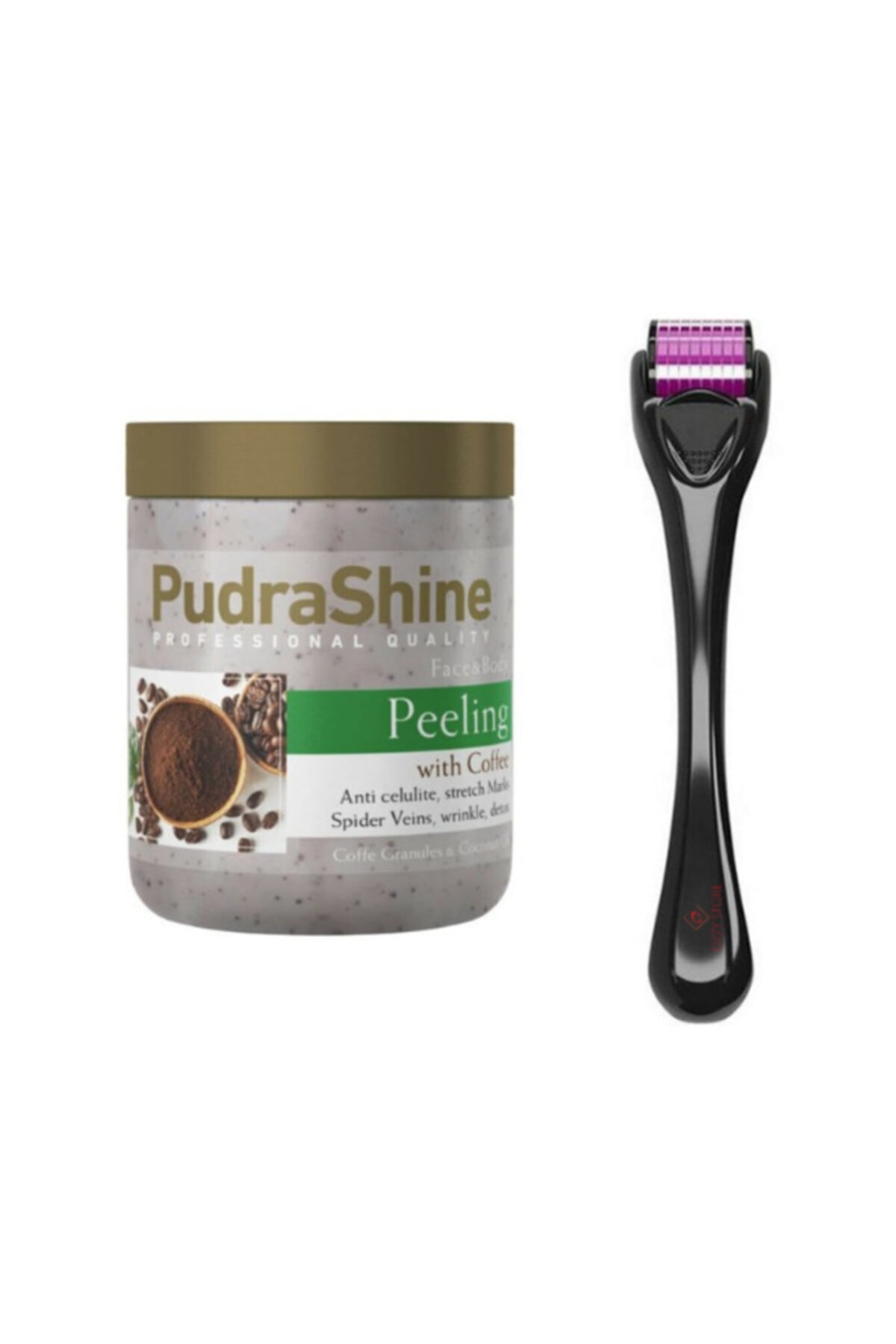 PudraShine Face & Body Kahveli Yüz Ve Vücut Peeling 500 Ml Ve Ozzy Store Derma Roller Titanyum 0.5 M
