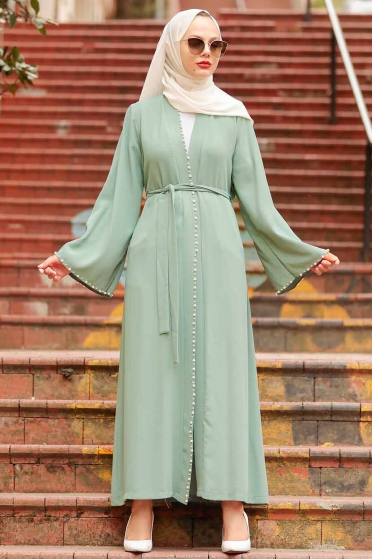 Neva Style - Inci Detaylı Mint Tesettür Abaya 41021mınt