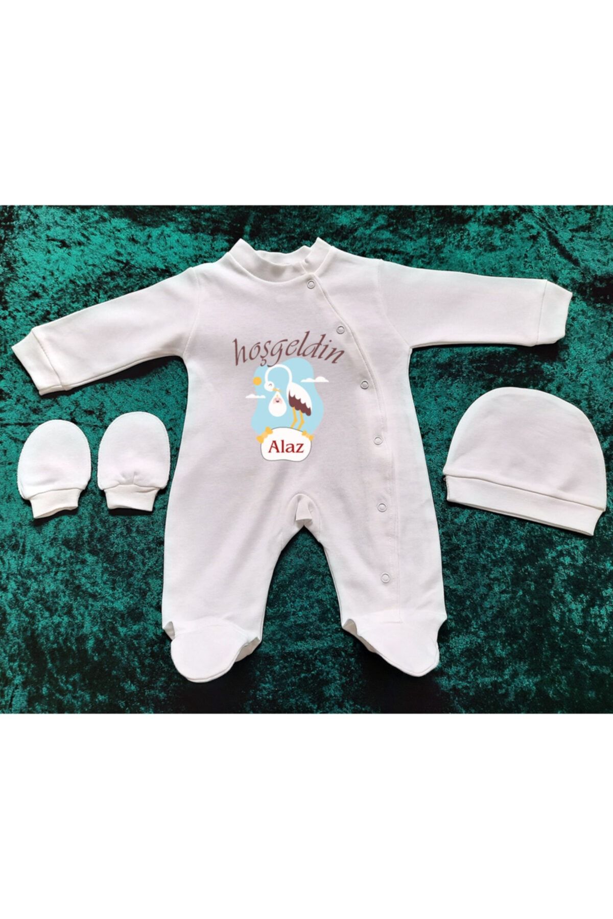 AlazBaby Şintürk 3 Parça Isimli Bebek Zıbın Body Leylekli Baskı Pamuk Bebek Eldiven Şapka (body) Tulum