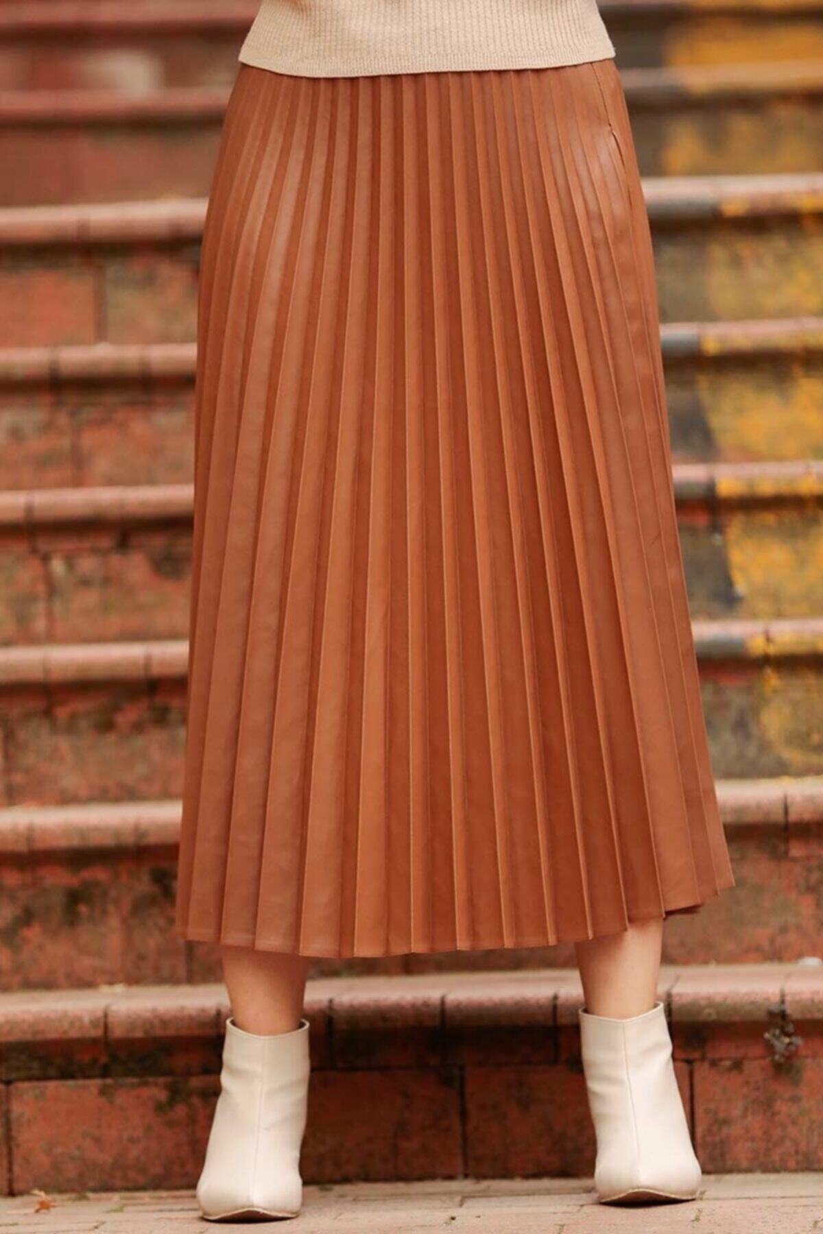 Neva Style - Pileli Taba Tesettür Suni Deri Etek 2437tb