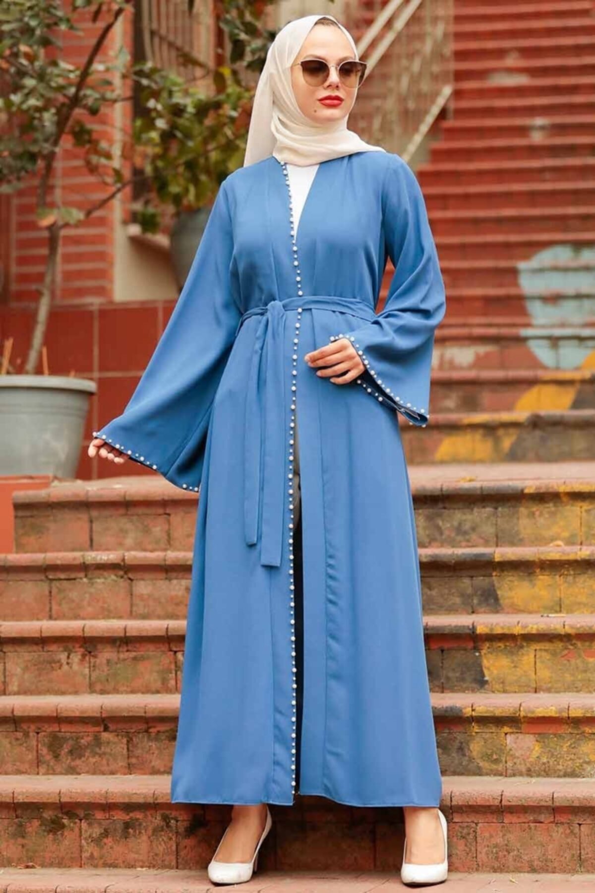 Neva Style - Inci Detaylı Indigo Mavisi Tesettür Abaya 41021ım