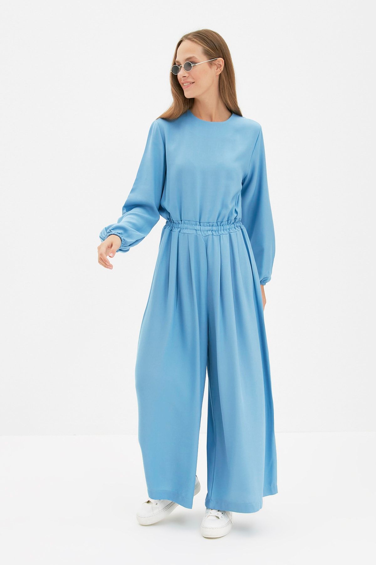 Trendyol Modest Mavi Bisiklet Yaka Belden Lastikli Rahat Kesim Tulum TCTAW22TL0015