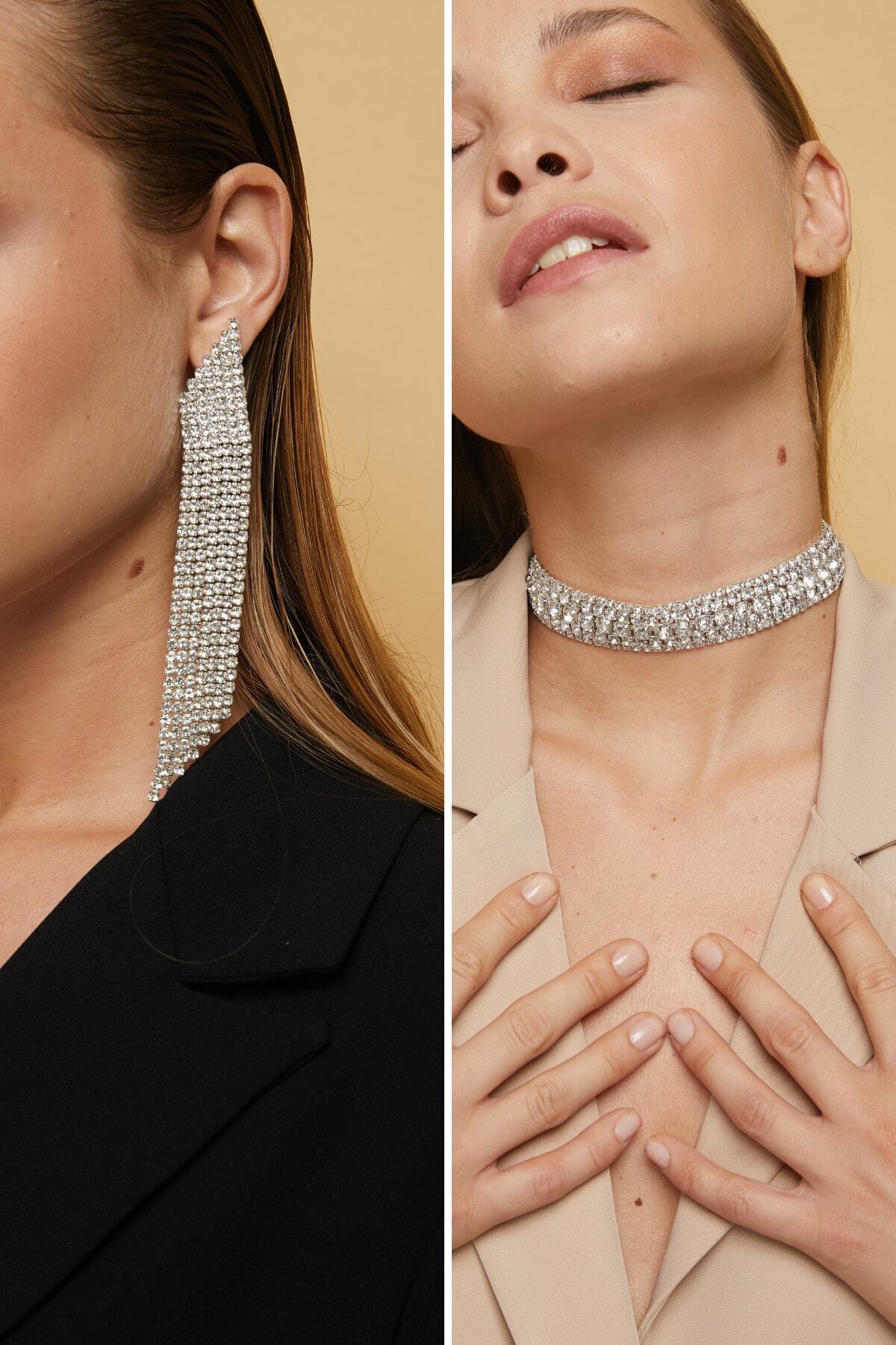 Gunbaz Kadın Taşlı Choker Kolye Ve Sallantılı Abiye Küpe Seti 2li