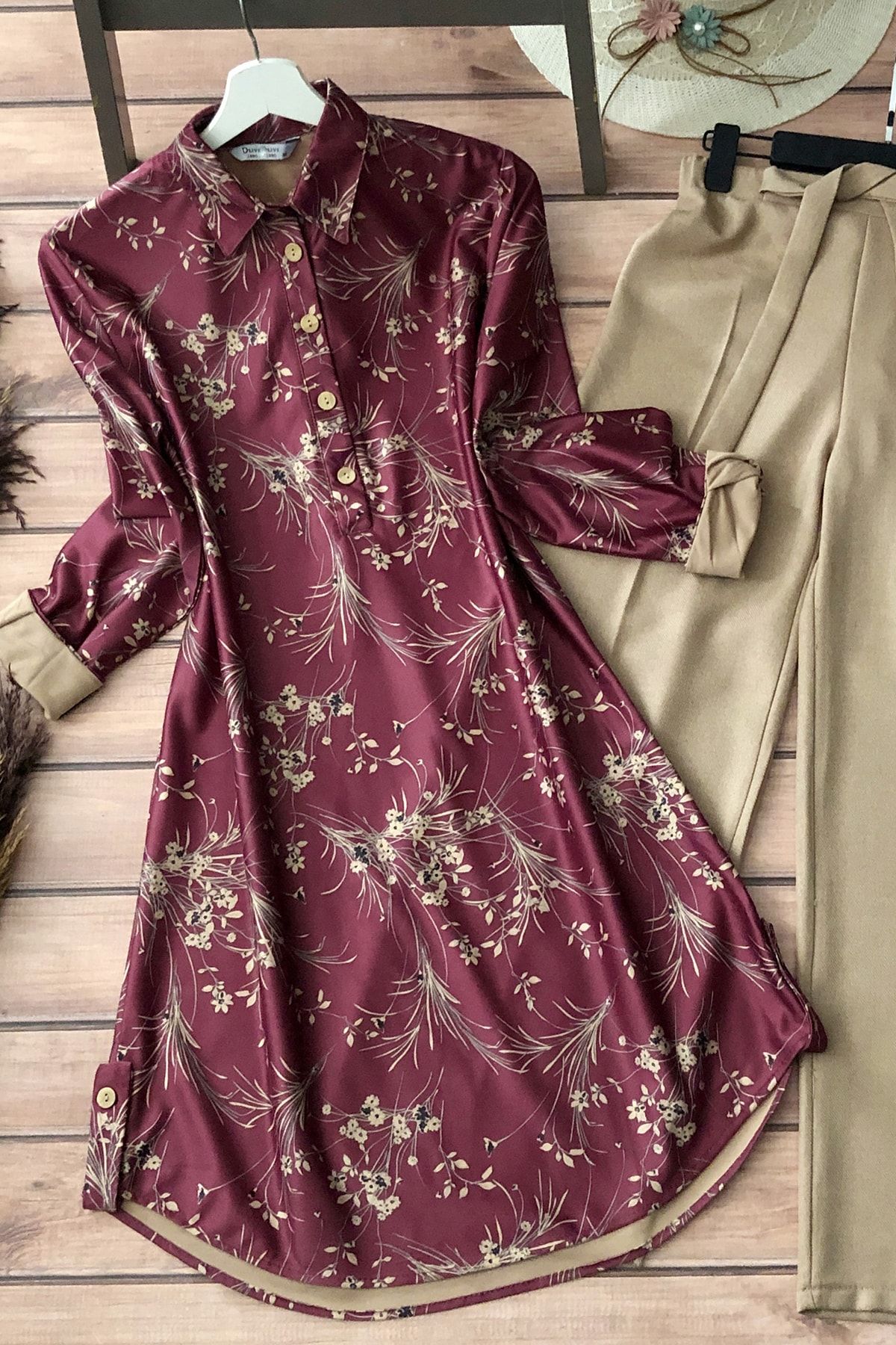 MODAQU Kadın Bordo Soft Süet Yarım Düğme Tunik