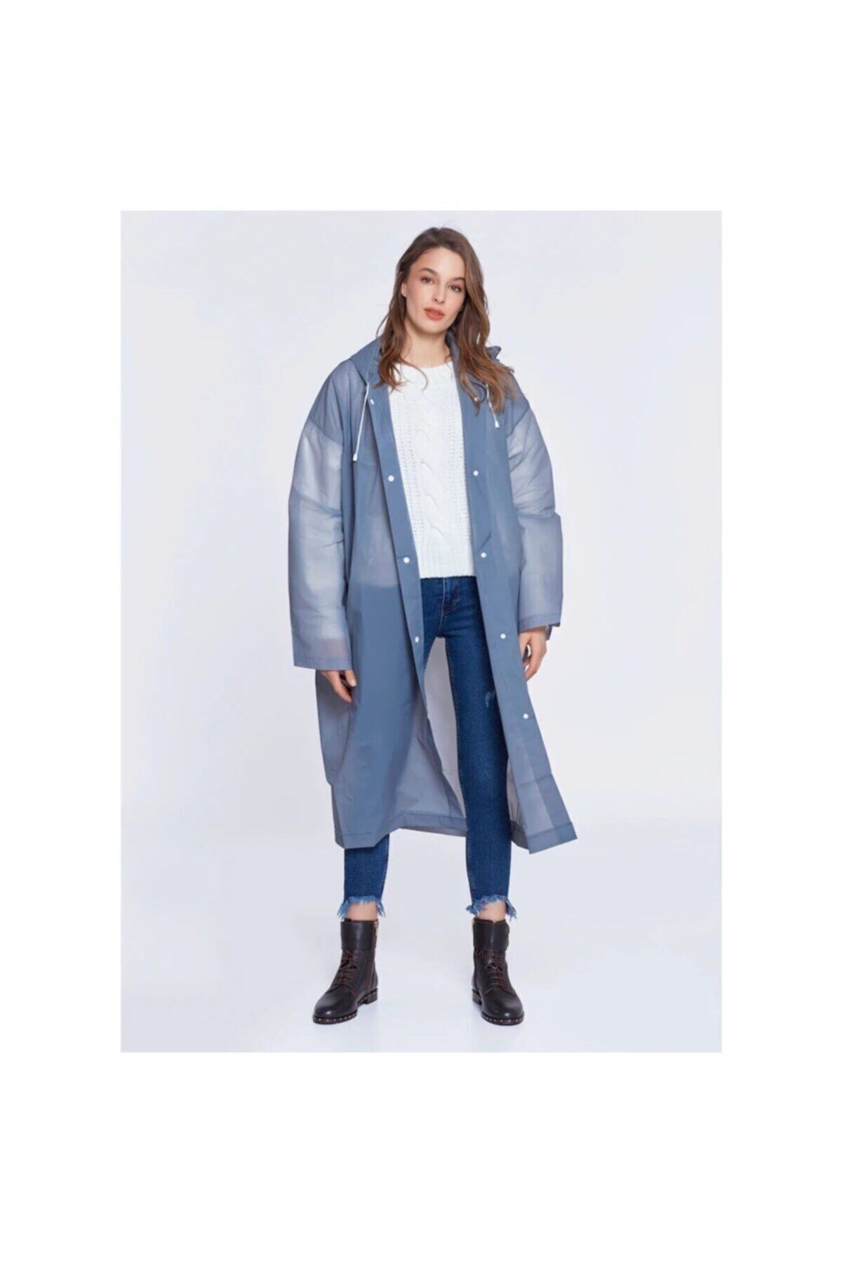 7 Moda Unisex Yağmurluk, Şeffaf Su Geçirmez Pvc Şık Kıyafetüstü Eva Yağmurluk, Gri