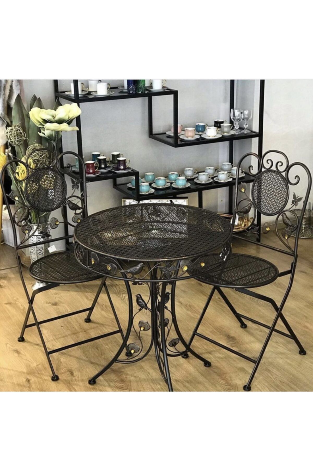 hascollection Ferforje Bakır Koyu Kahve 60 Cm Masa 2 Adet Sandalye