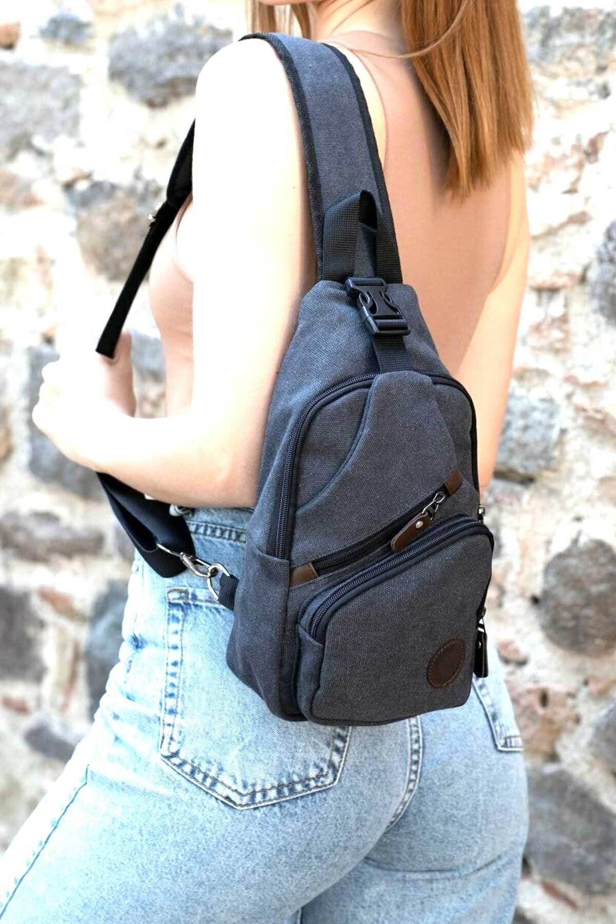 ZAİDİNG Unisex Kanvas Usb & Kulaklık Çıkışlı Çapraz Omuz Ve Göğüs Çantası Renk Siyah Füme