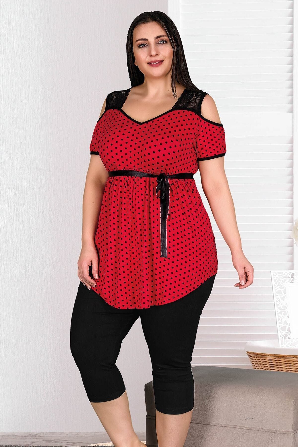 MASSİMO BAZAAR Kadın Büyük Beden Kaprili Pijama Takımı