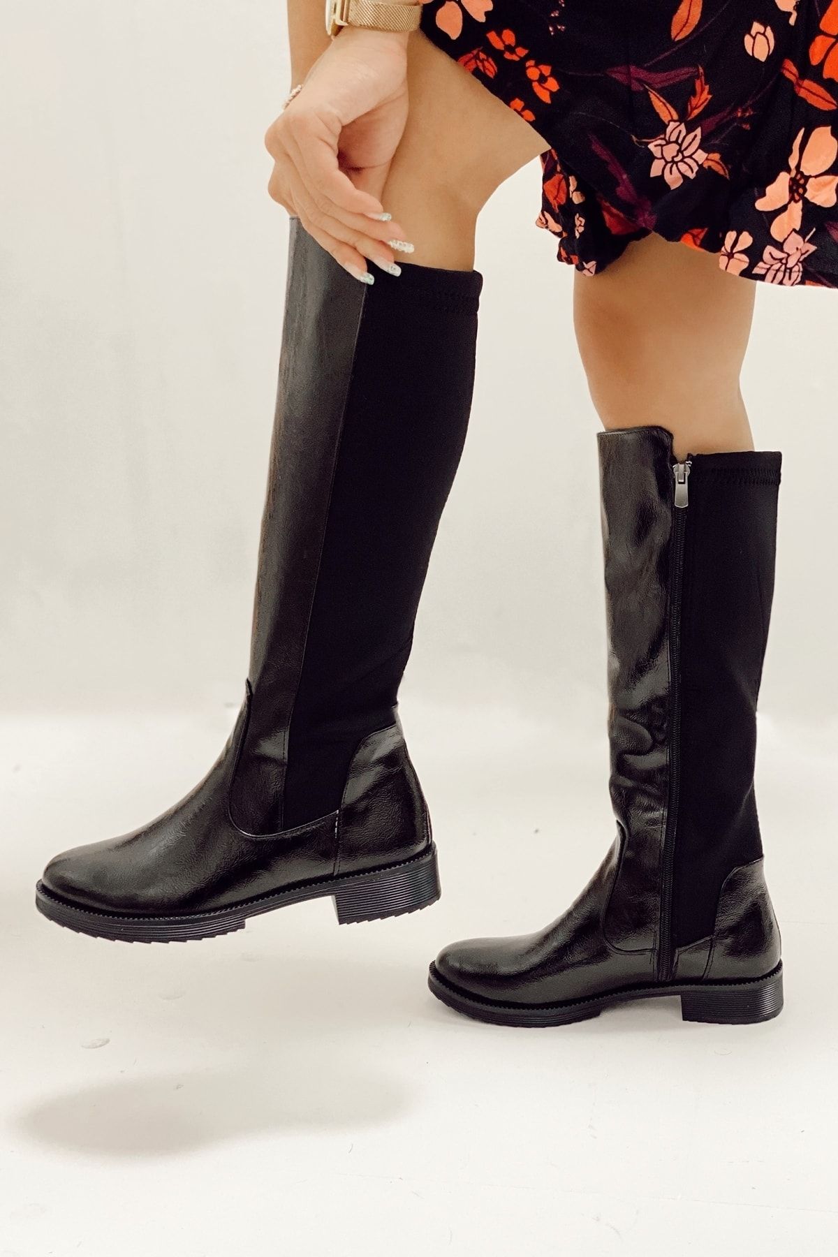 Nil Shoes Siyah Kırışık Rugan Rue Bayan Çizme