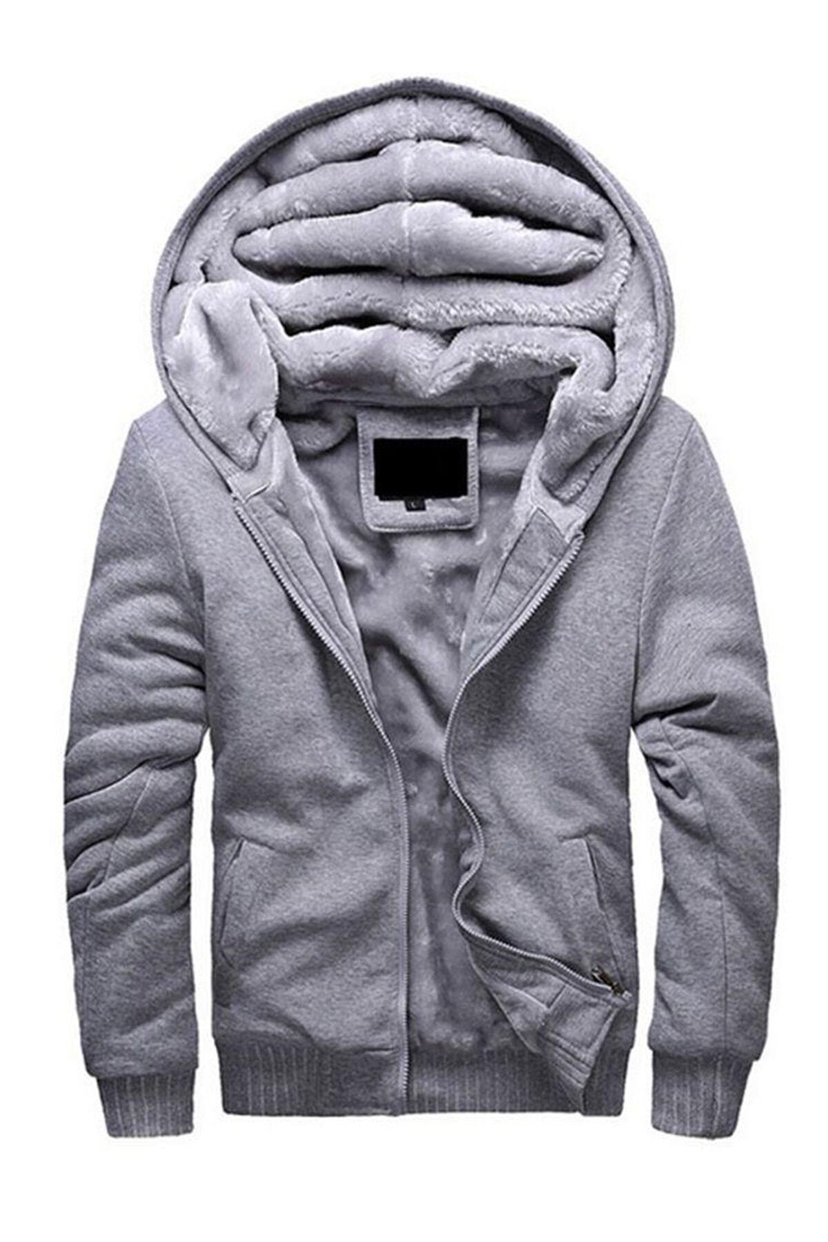 bayansepeti Üç Iplik Içi Peluş Fermuarlı Kapişonlu Dar Kalıp Gri Sweatshirt Unısex Mont 090