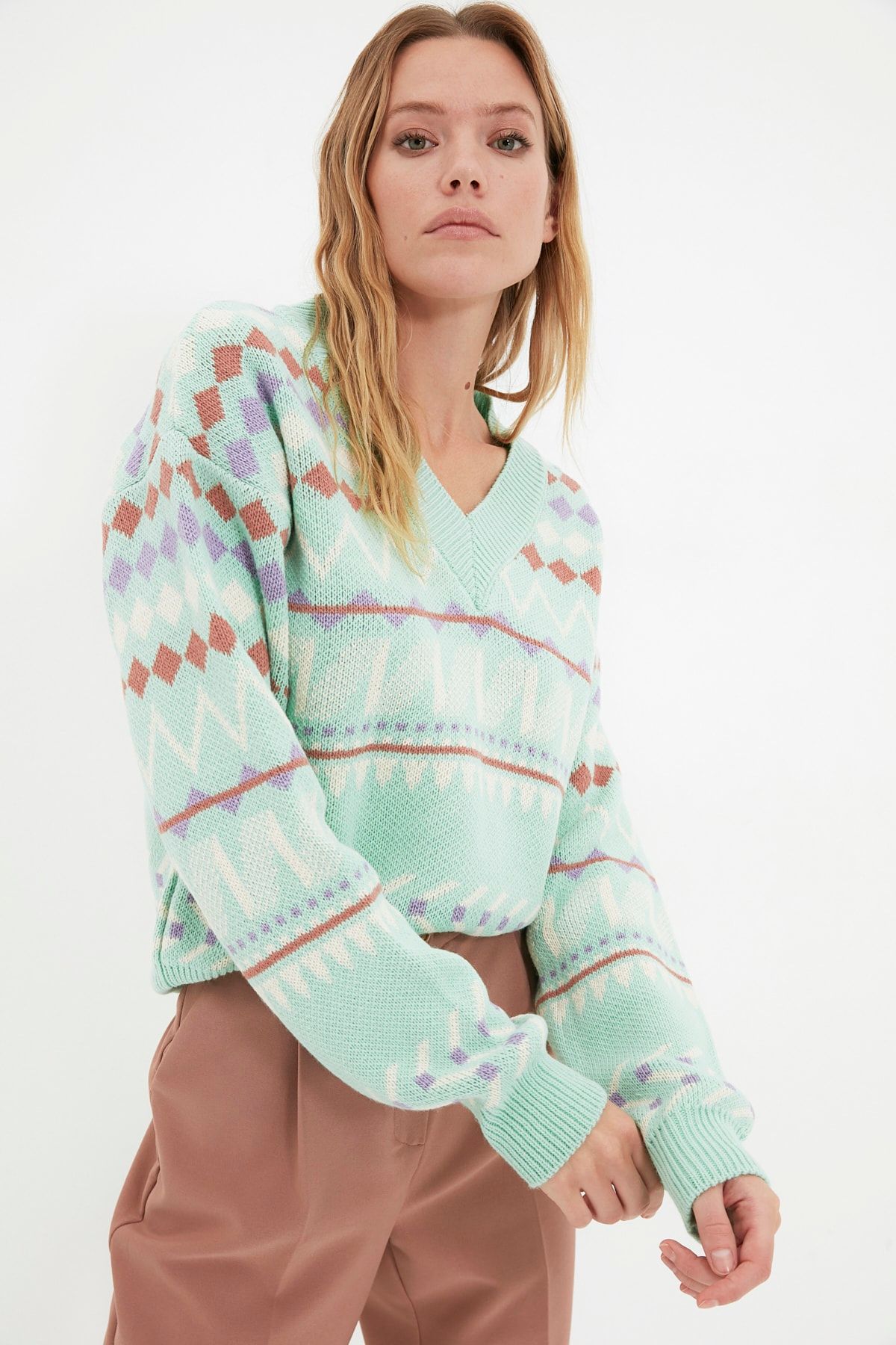 TRENDYOLMİLLA Mint Jakarlı Oversize Triko Kazak TWOAW22KZ2665