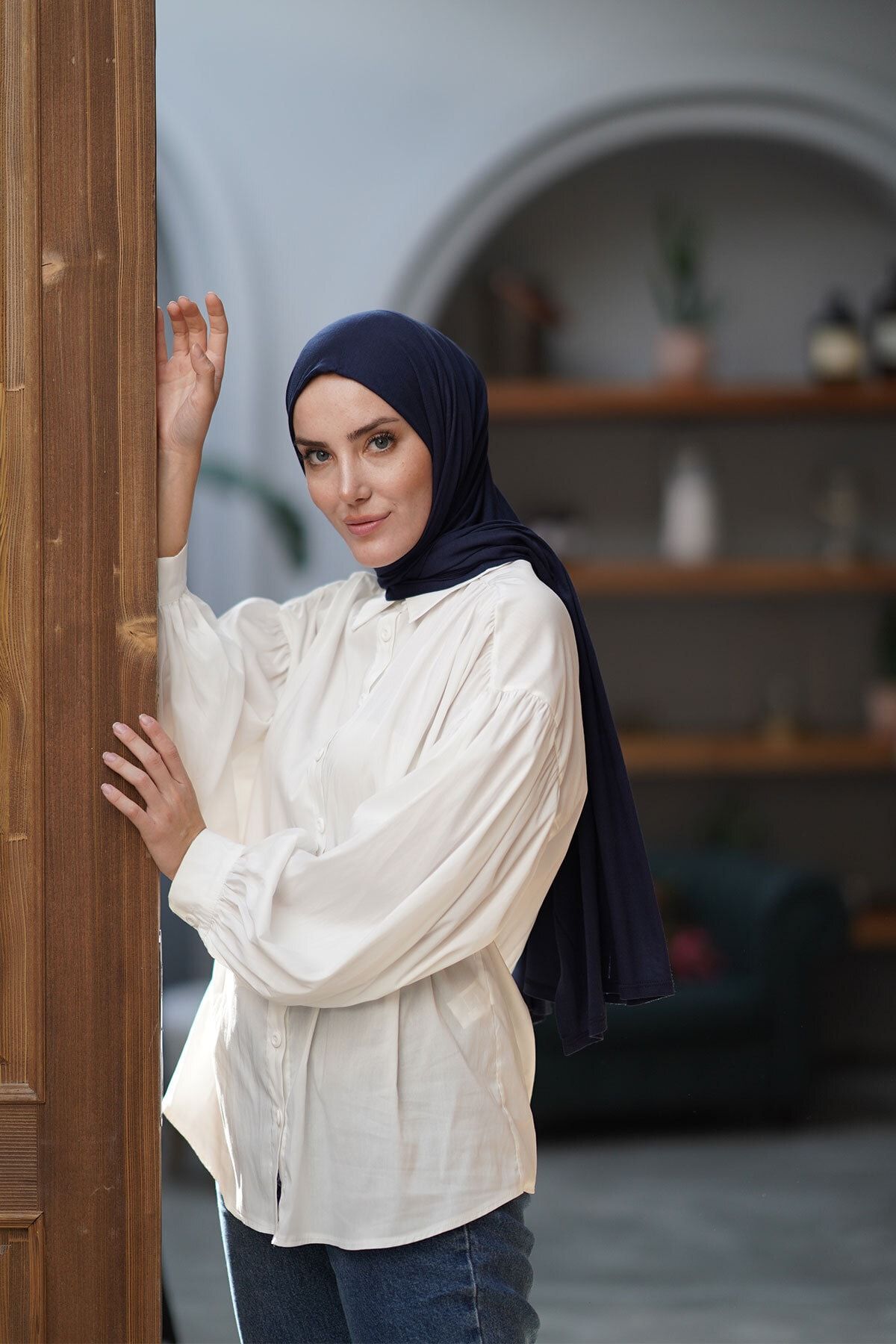 Carine Scarf Navy Blue Combed Cotton Shawl Trendyol