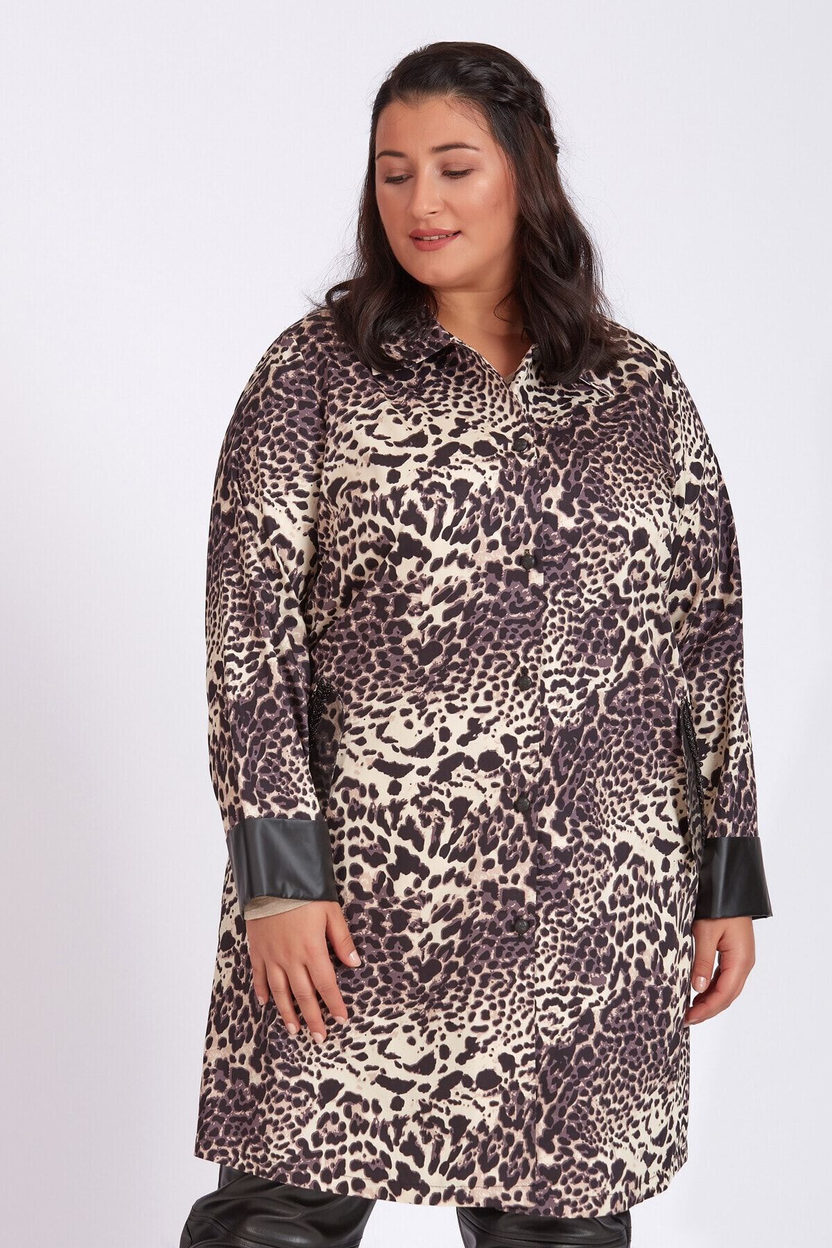 Büyük Moda Leopar Desenli Trençkot