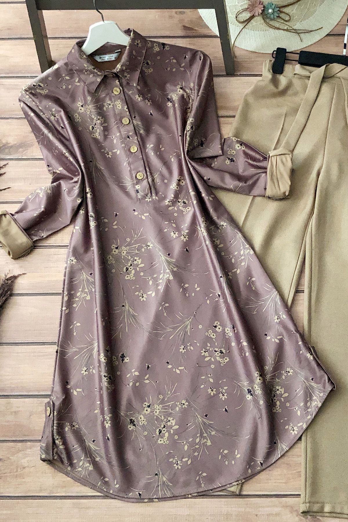 MODAQU Kadın Soft Süet Yarım Düğme Tunik - Lila