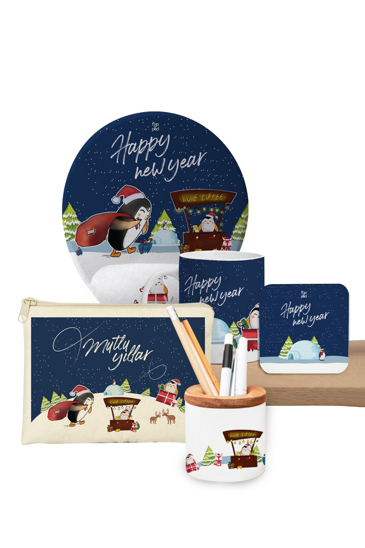 Flipped Yılbaşı Penguen Mavi Kupa, Mousepad, Altlık, Cüzdan Ve Kalemlik Seti