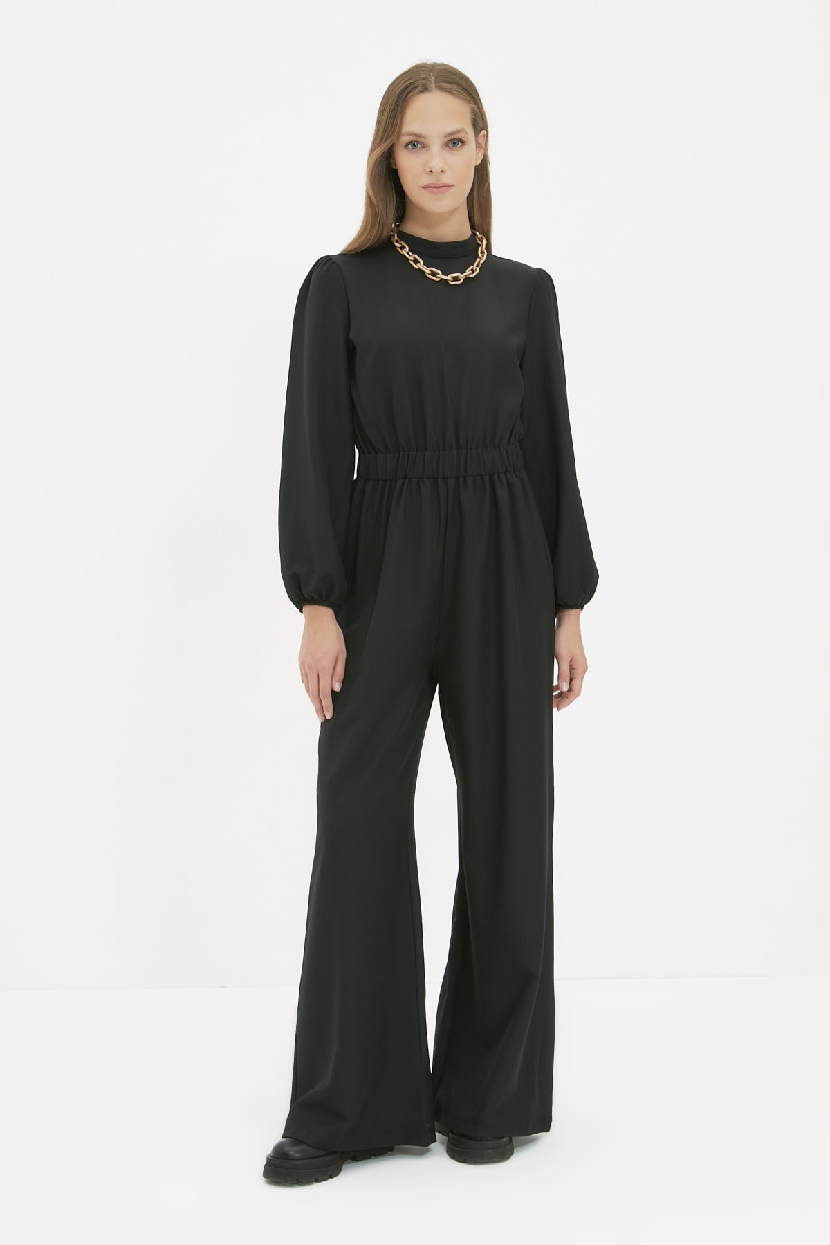Trendyol Modest Siyah Dik Yaka Belden Lastikli Tulum TCTAW22TL0016