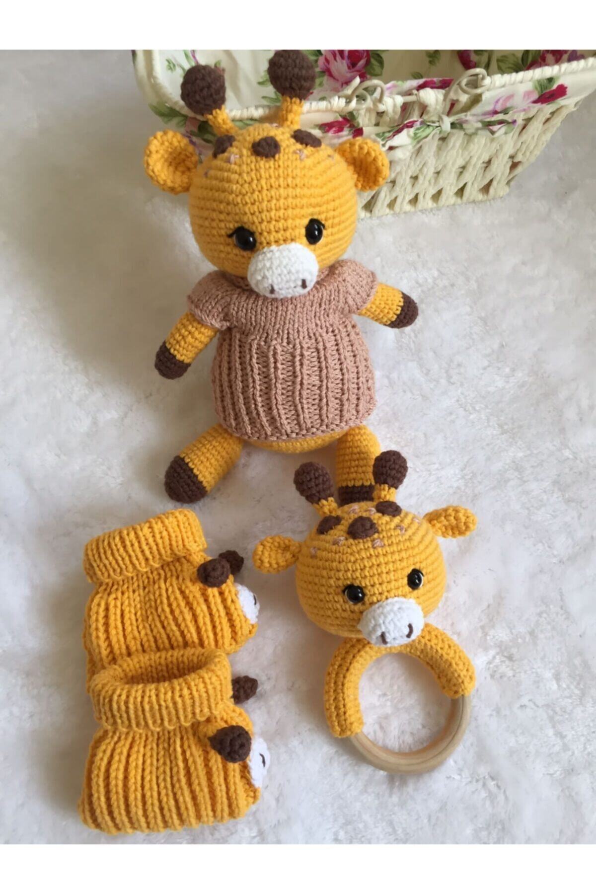 USTAHOBİEVİ Amigurumi Sevimli Zürafa Uyku Arkadaşı Çıngırak Ve Patik Yenidoğan Set