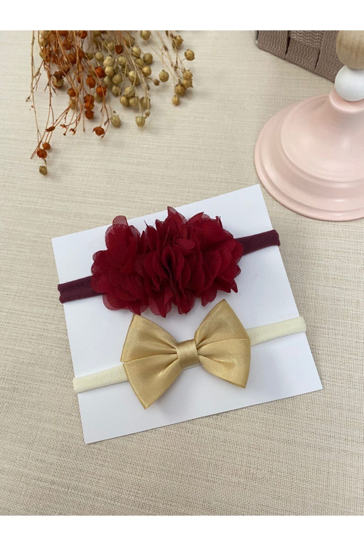 Derinkids Bordo Fırfır Dore Fiyonk Kız Çocuk 2 Li Bebek Bandana Seti