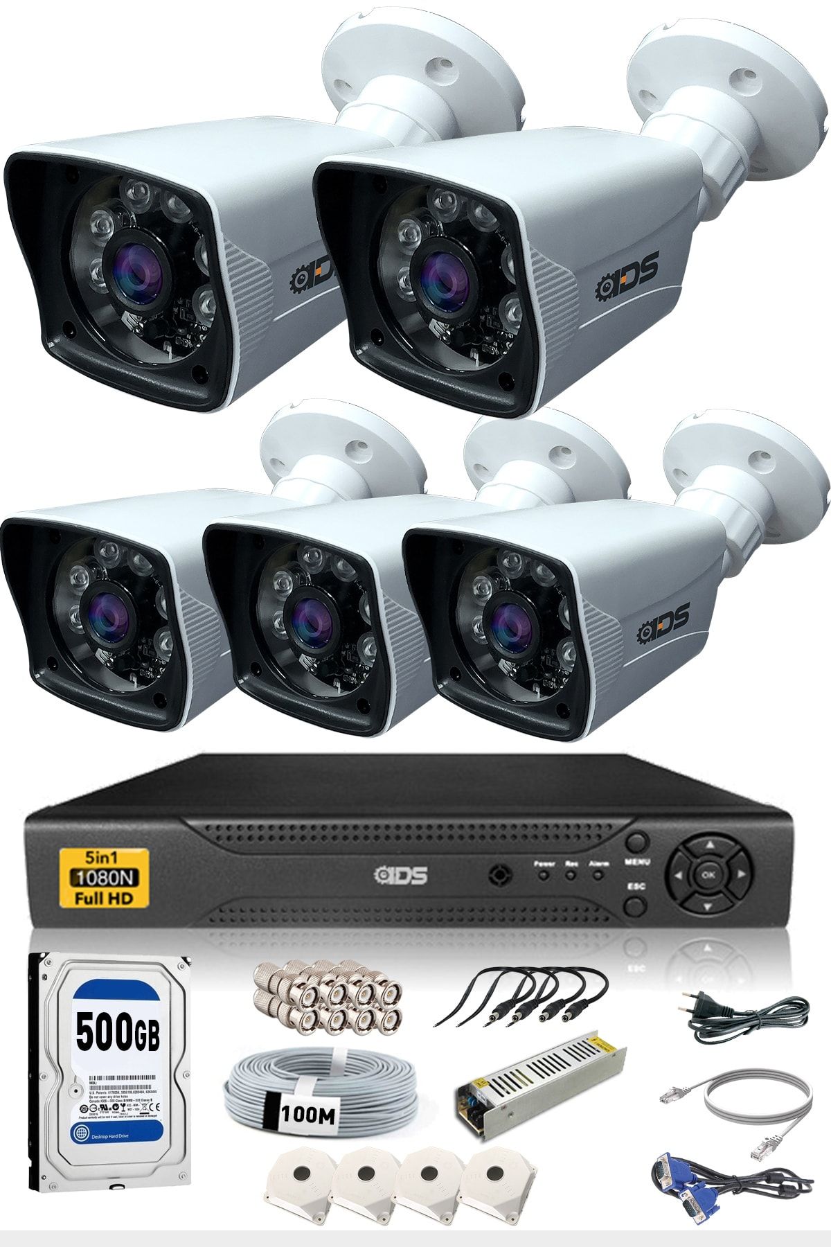IDS - 5 Kameralı 5mp Sony Lensli 1080p Fullhd Güvenlik Kamerası Sistemi - Cepten Izle - 500dış