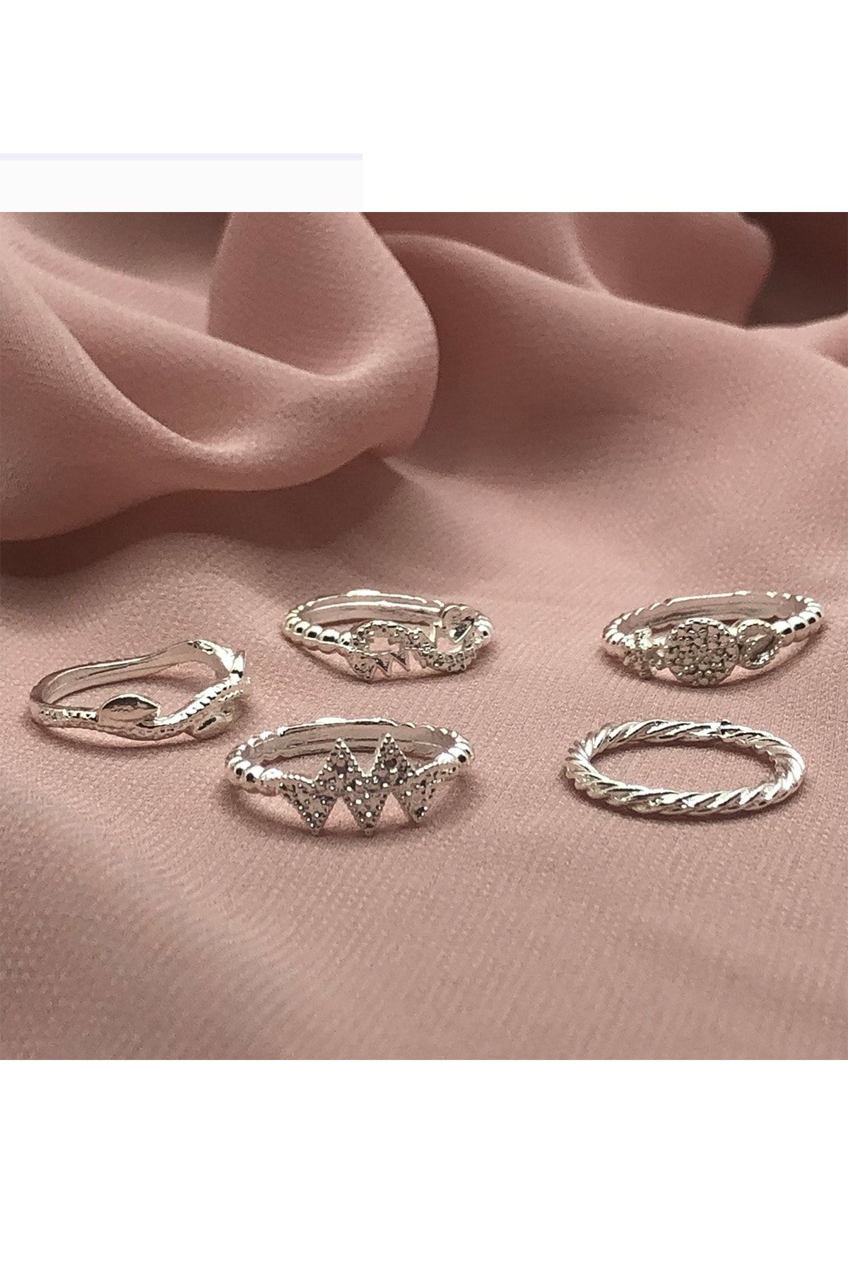 Fashion Jewellery 5'li Parlak Gümüş Eklem Yüzüğü Seti