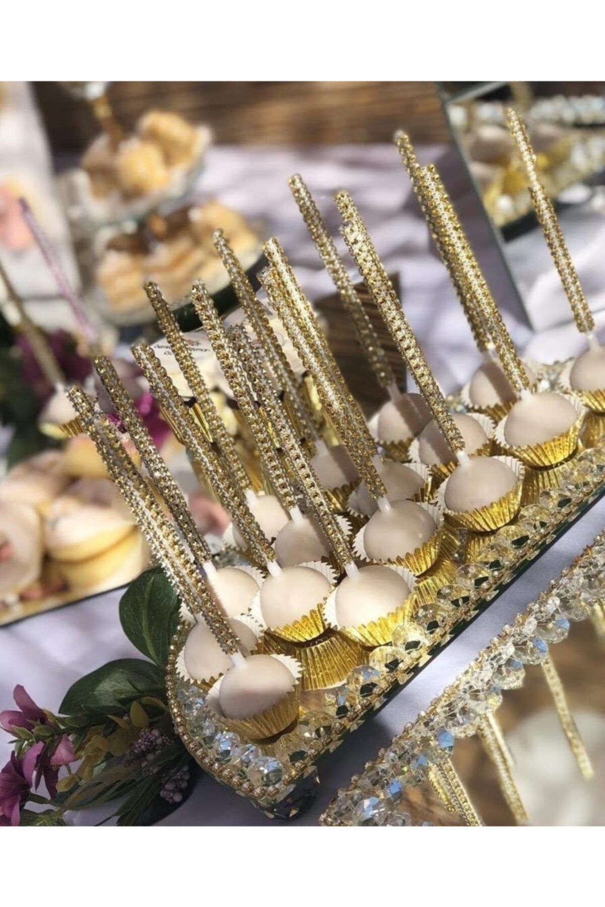 PASTA VİTRİN Cake Pops Çubuğu Swarovski Taşlı 12 Li - Altın