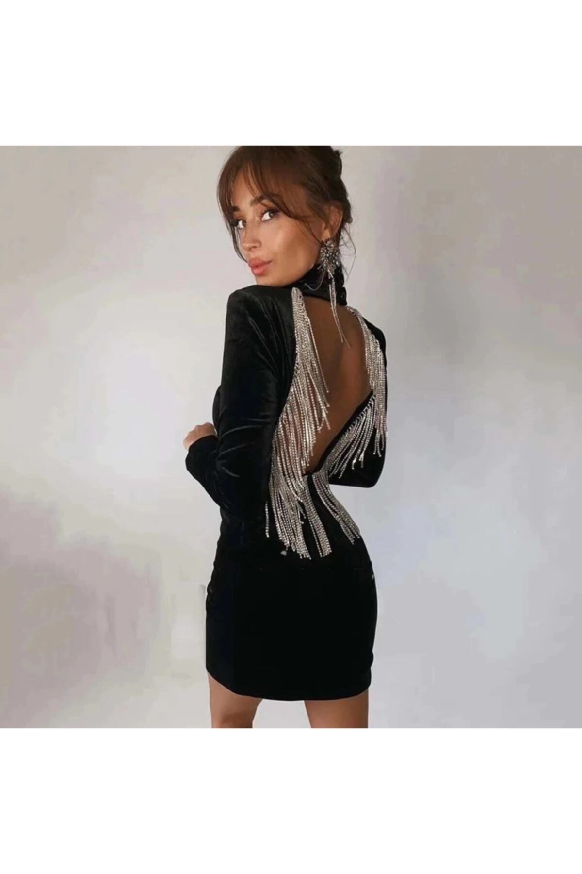 The Stylist's Boutique Taş Detaylı Kadife Siyah Elbise