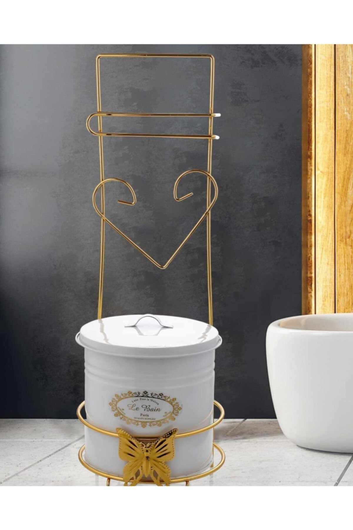 Parıltı Home Gold Altın Beyaz Ferforje Metal Tuvalet Kağıtlığı Wc Kovası Banyo Aksesuar Takımı