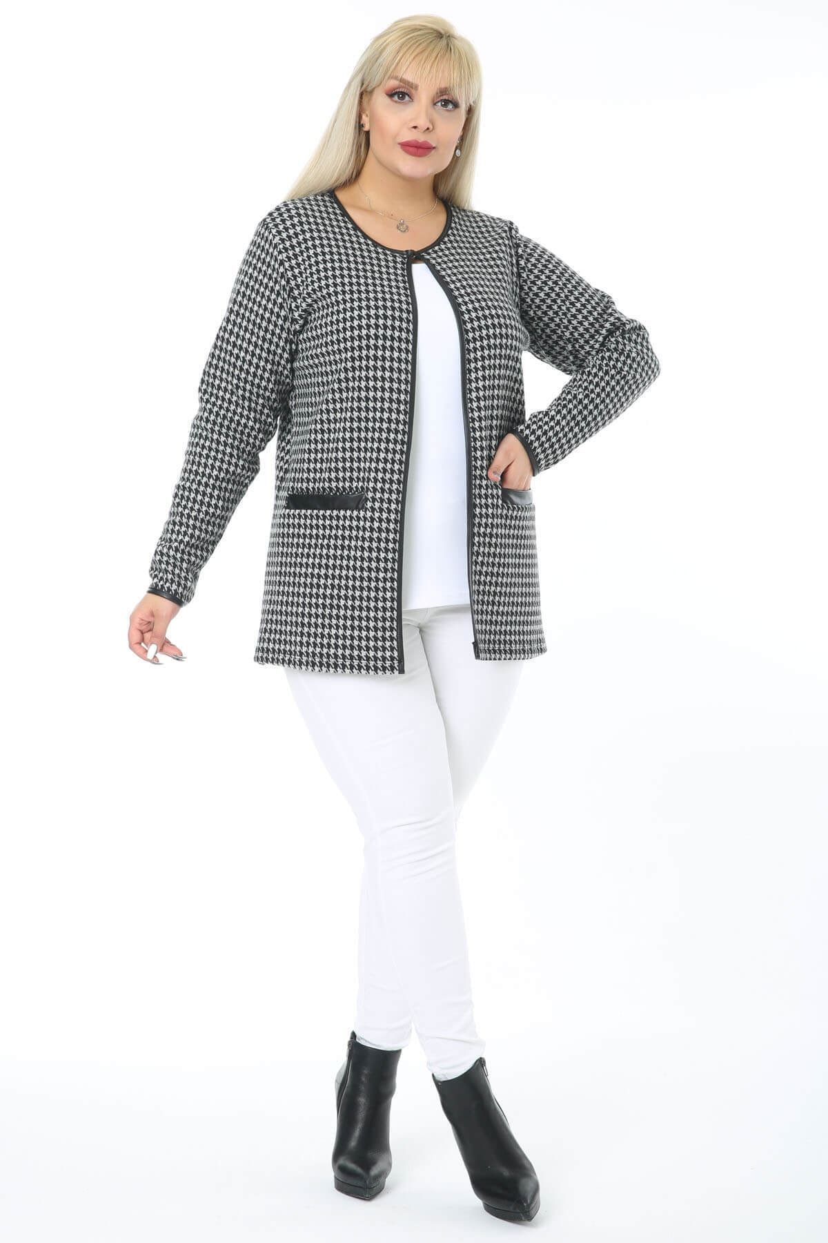 Mooi XXL Women s Gray Black Houndstooth Pattern Leather Piping