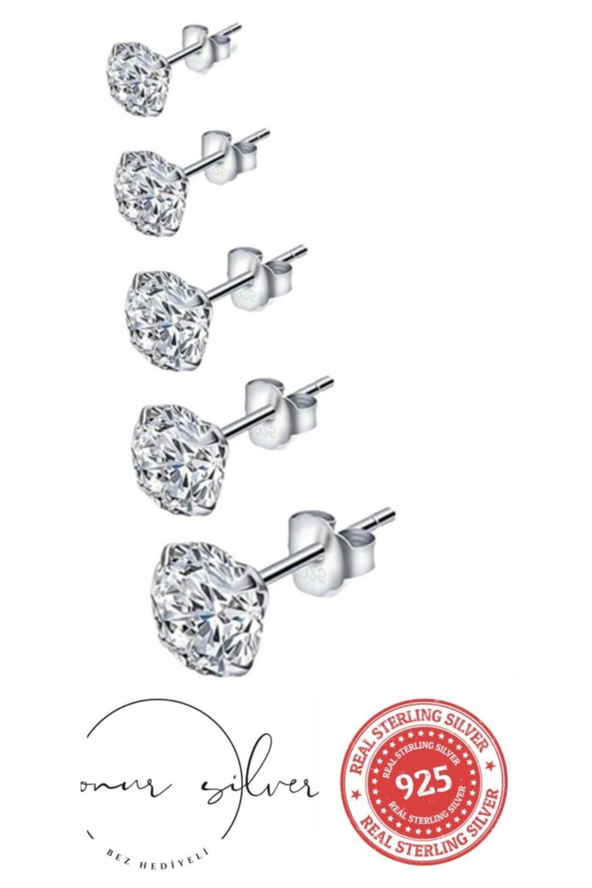 Onur Silver 5 Adet 925 Ayar Gümüş Kadın Tek Taş Model Zirkon Taşlı Yuvarlak Yarım Gümüş Küpe Seti 3,4,5,6,7mm