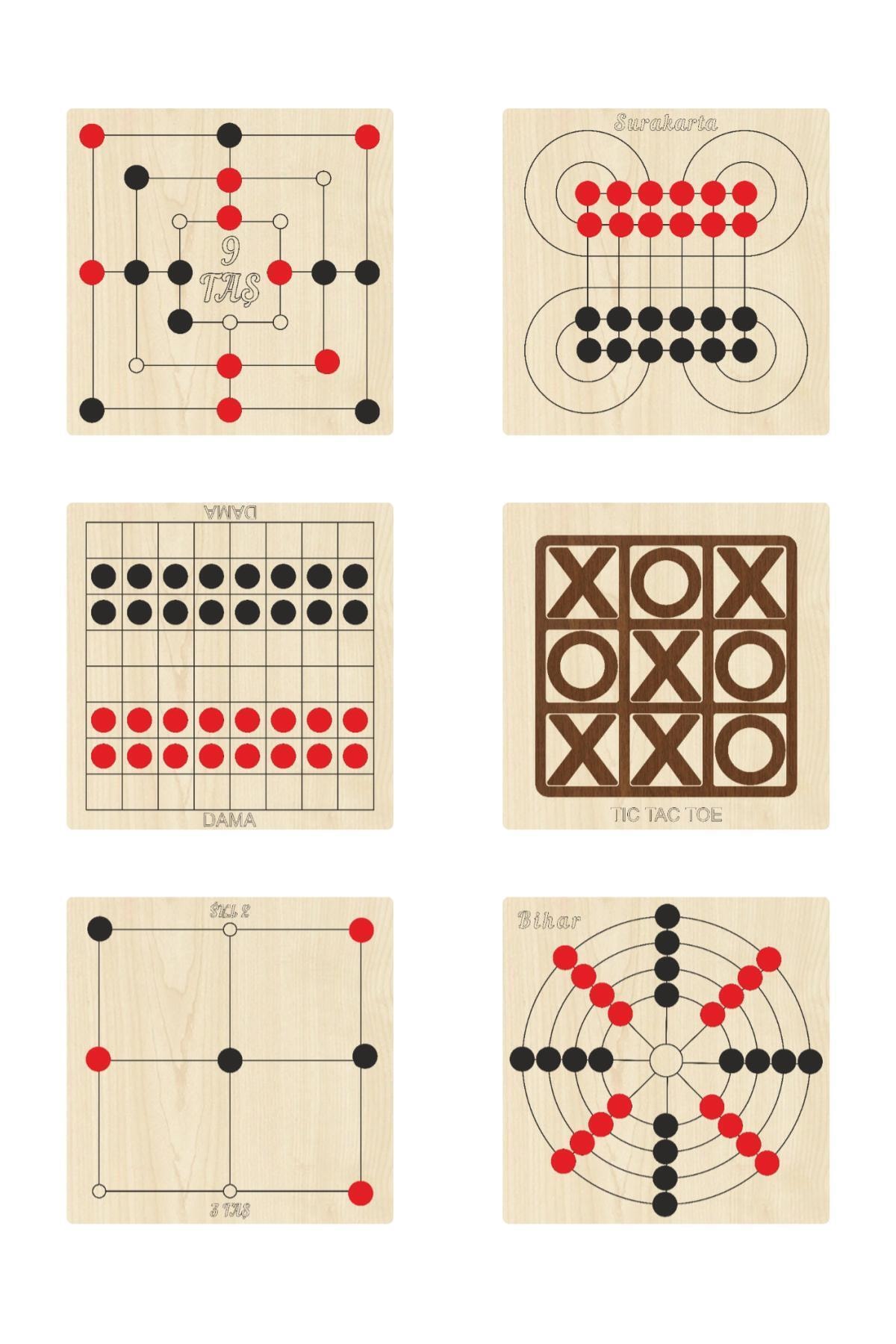 Ahtek Ahşap Zeka Ve Strateji Oyunu Seti 6 Lı, Dama+3 Taş+9 Taş+bihar+surakarta Ve Tic-tac-toe