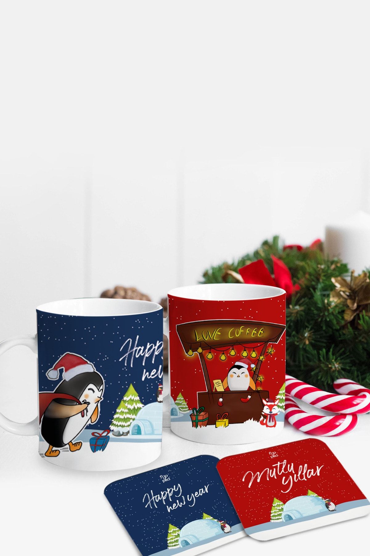 Flipped Yılbaşı Love Coffee Bardak Altlıklı Tasarım Ikili Kupa Seti