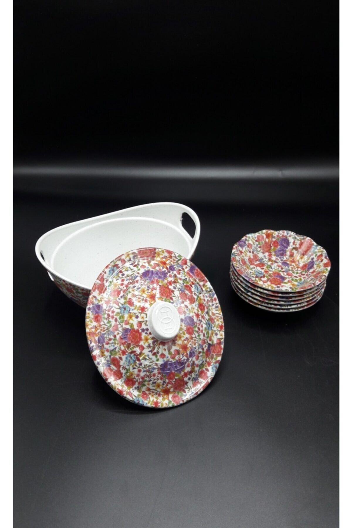 MorzaYolu Melamin Şekerlik ve 6 Adet Çay Tabağı Kırmızı Çiçekli Set En:14,50 Boy:17,50cm