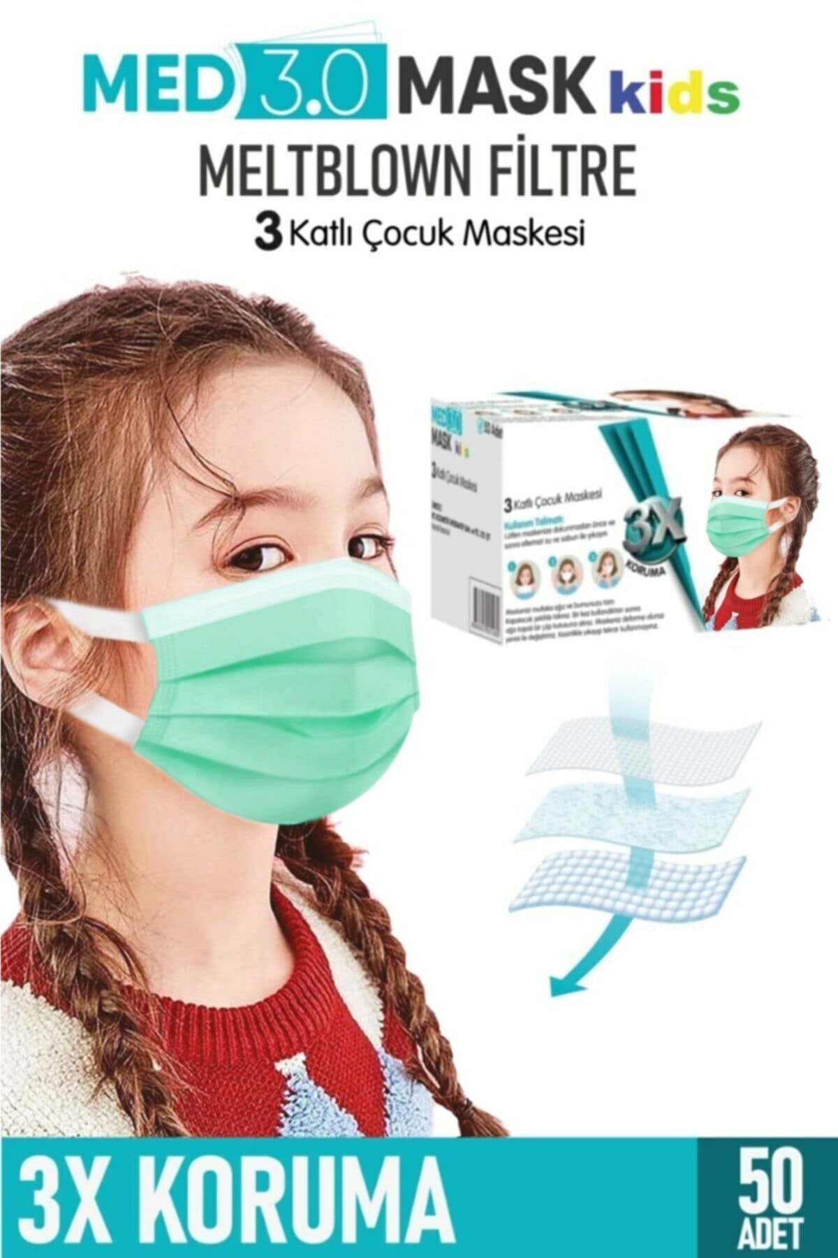 MED3.0 MASK Yeni Nesil Elastik Kulakçıklı Meltblown Filtreli Medikal (cerrahi) Çocuk Maskesi-yeşil