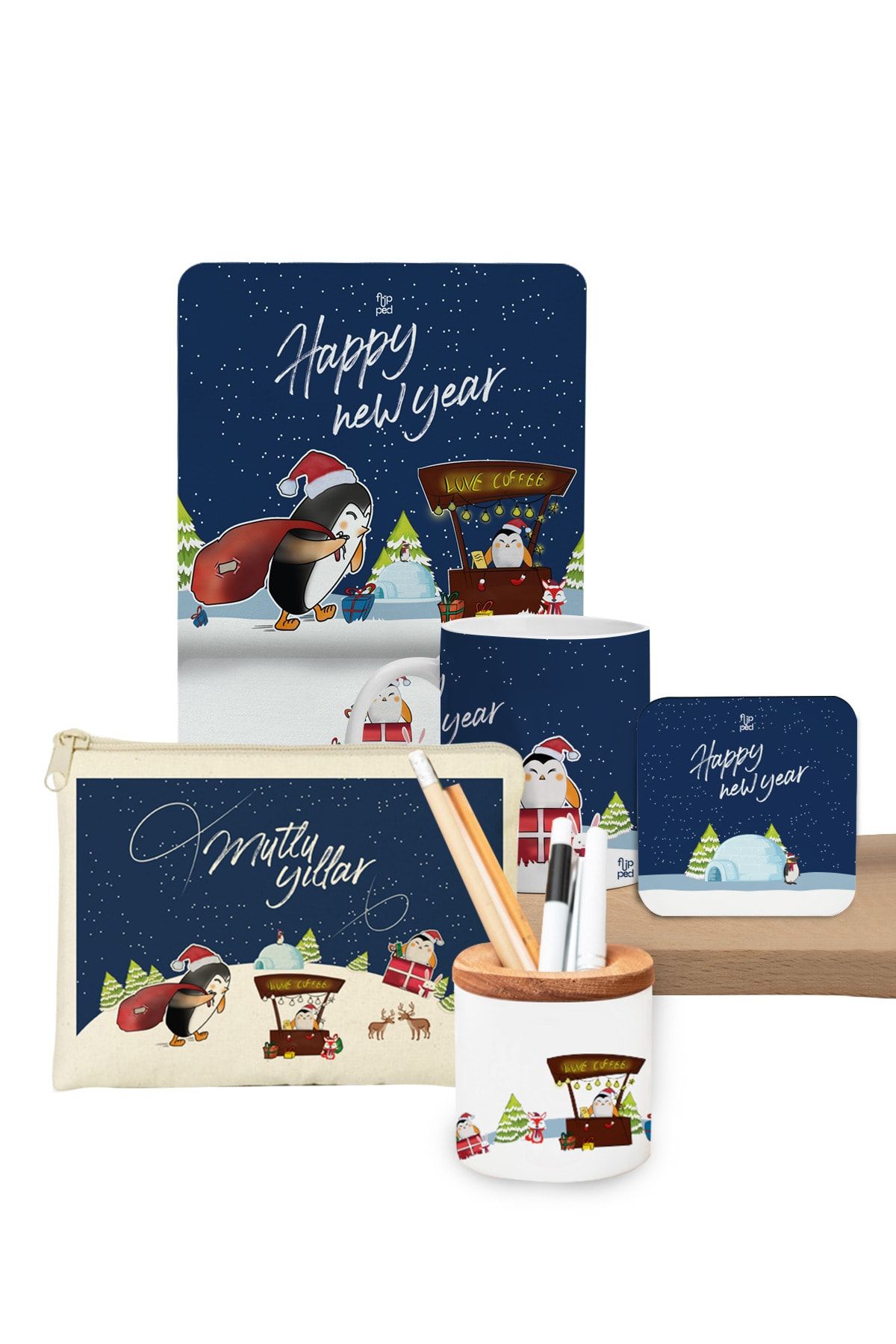 Flipped Yılbaşı Happy New Year Blue Kupa, Mousepad, Altlık, Cüzdan Ve Kalemlik Seti