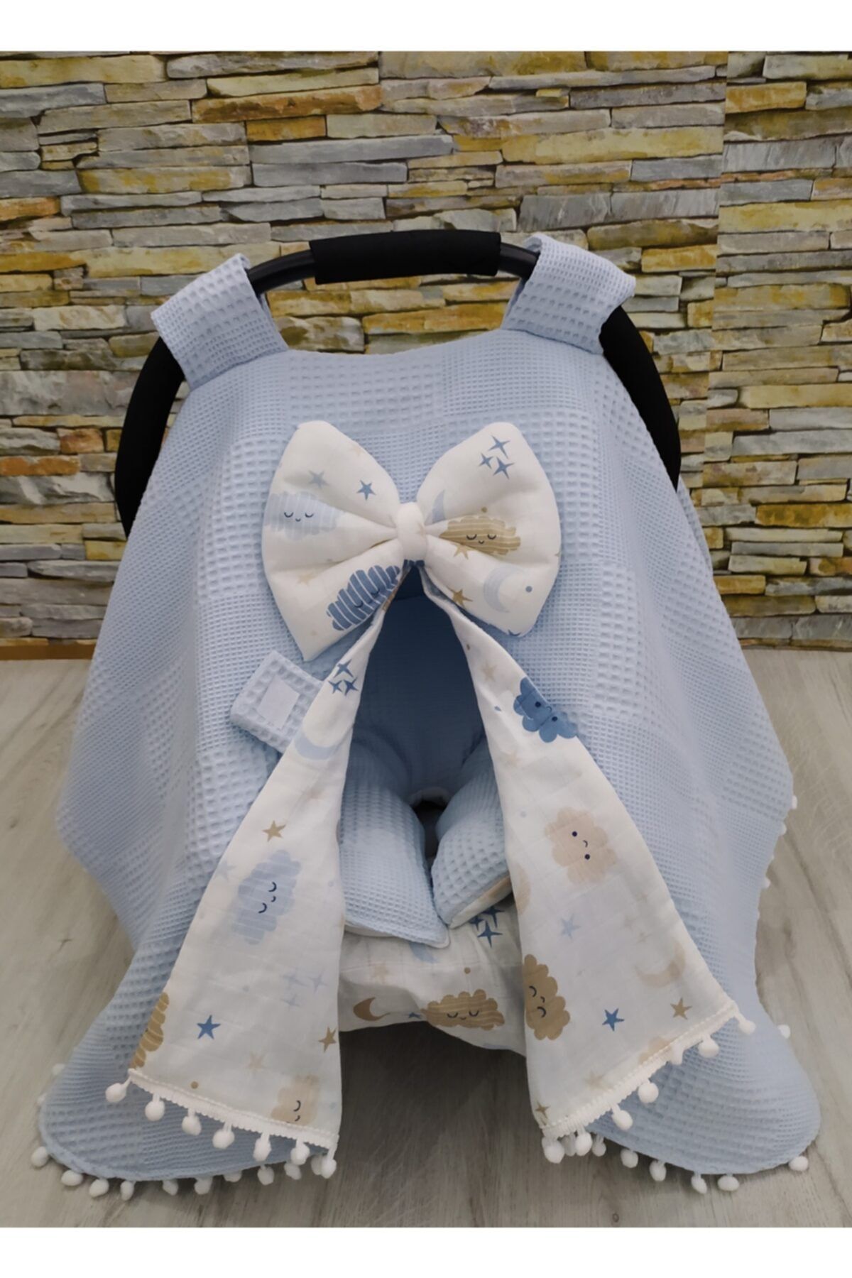 renklievimbeysehir Puset Örtüsü Set Babynest Mavi Wafle Pike Ve Bulutlu Desen